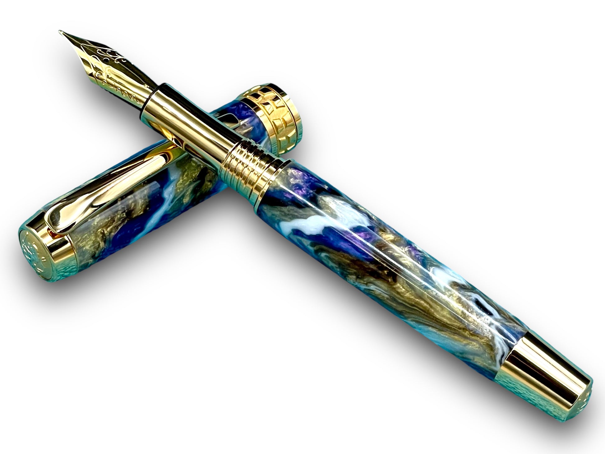 Elegant “Purple and Gold” Handcrafted Luxury Gold Fountain Pen, One of a Kind, Handmade in Colorado. Ink, Converter, Sleeve, & Box Included. - HighlanderPen