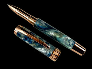 Rose Gold “Narwhals” Handmade Rollerball Pen. One of a Kind, Handcrafted by Highlander Pen in Colorado. Box, Sleeve, & Ink Included. [ML-RB-1213-01]