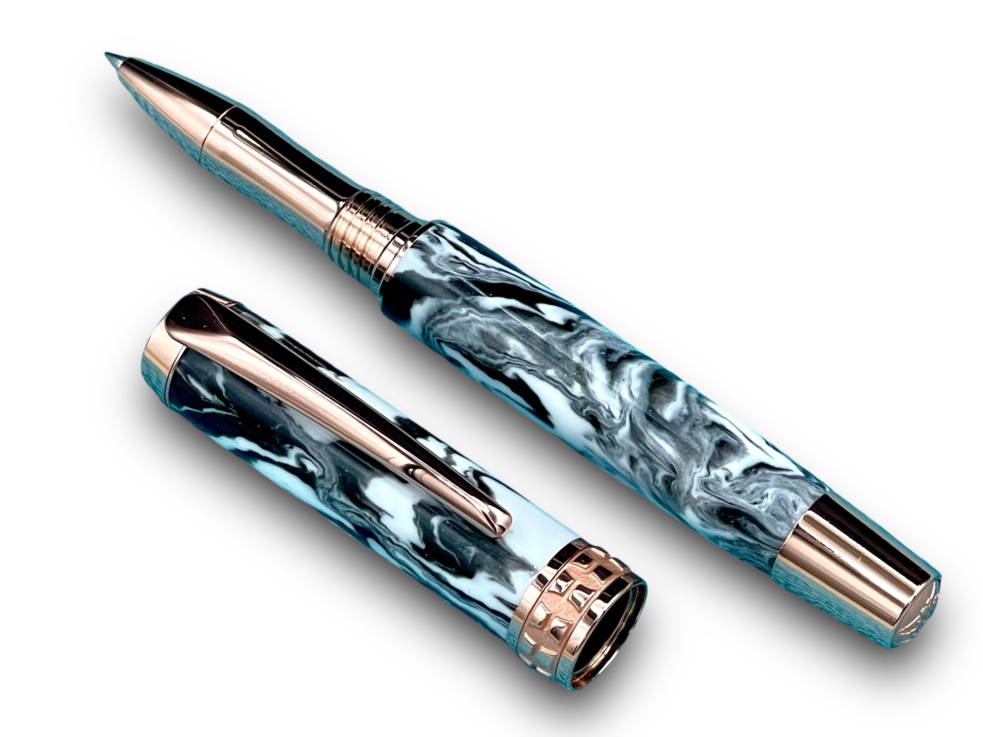 Timeless “Imperial Black” Rose Gold Acrylic Rollerball Pen, Artisan Handcrafted Writing Instrument. One of a Kind, with Box, Sleeve, & Ink. - HighlanderPen