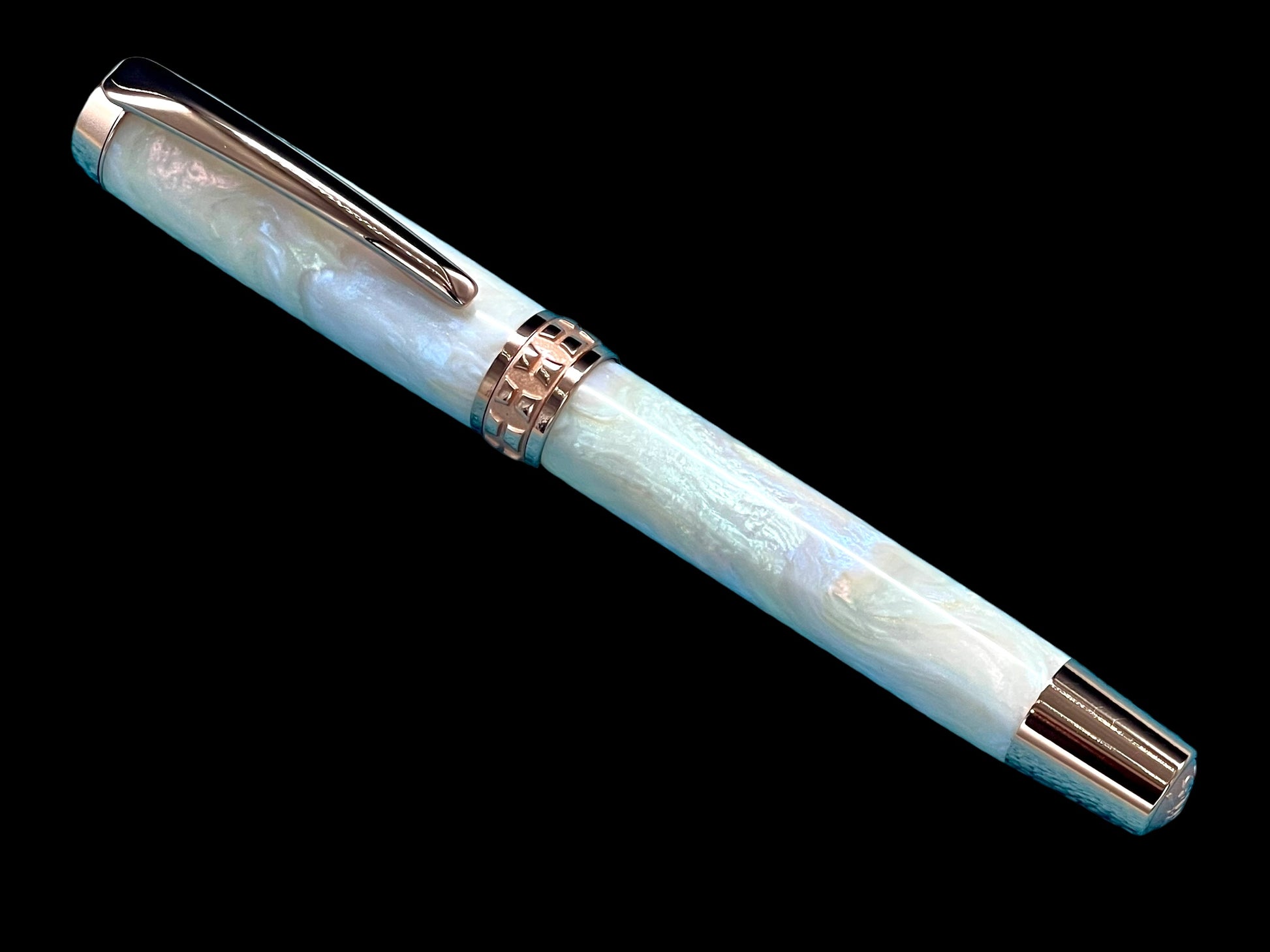 Elegant “Pearly Opal” Rose Gold Acrylic Rollerball Pen, Artisan Handcrafted Writing Instrument. One of a Kind, with Box, Felt Sleeve, & Ink. - HighlanderPen