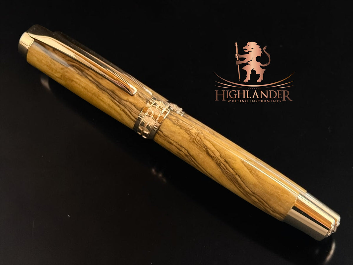 Museum Grade Bethlehem Olivewood | Red Gold Rollerball Pen | Artisan Handcrafted Writing Instrument | 120 GSM Journal Included