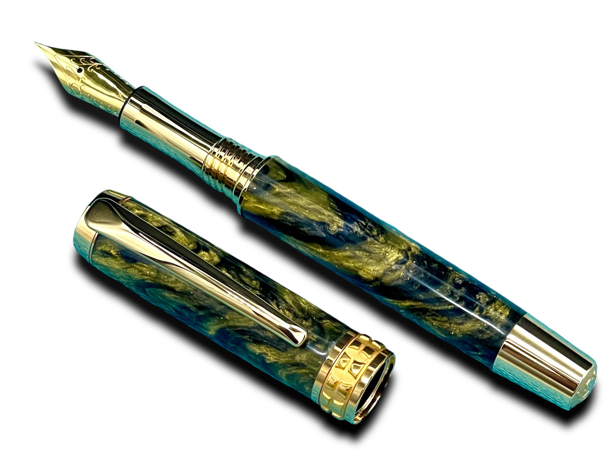 Striking “Black and Gold” Handcrafted Luxury Gold Fountain Pen, One of a Kind, Handmade in Colorado. Ink, Converter, Sleeve, & Box Included. - HighlanderPen