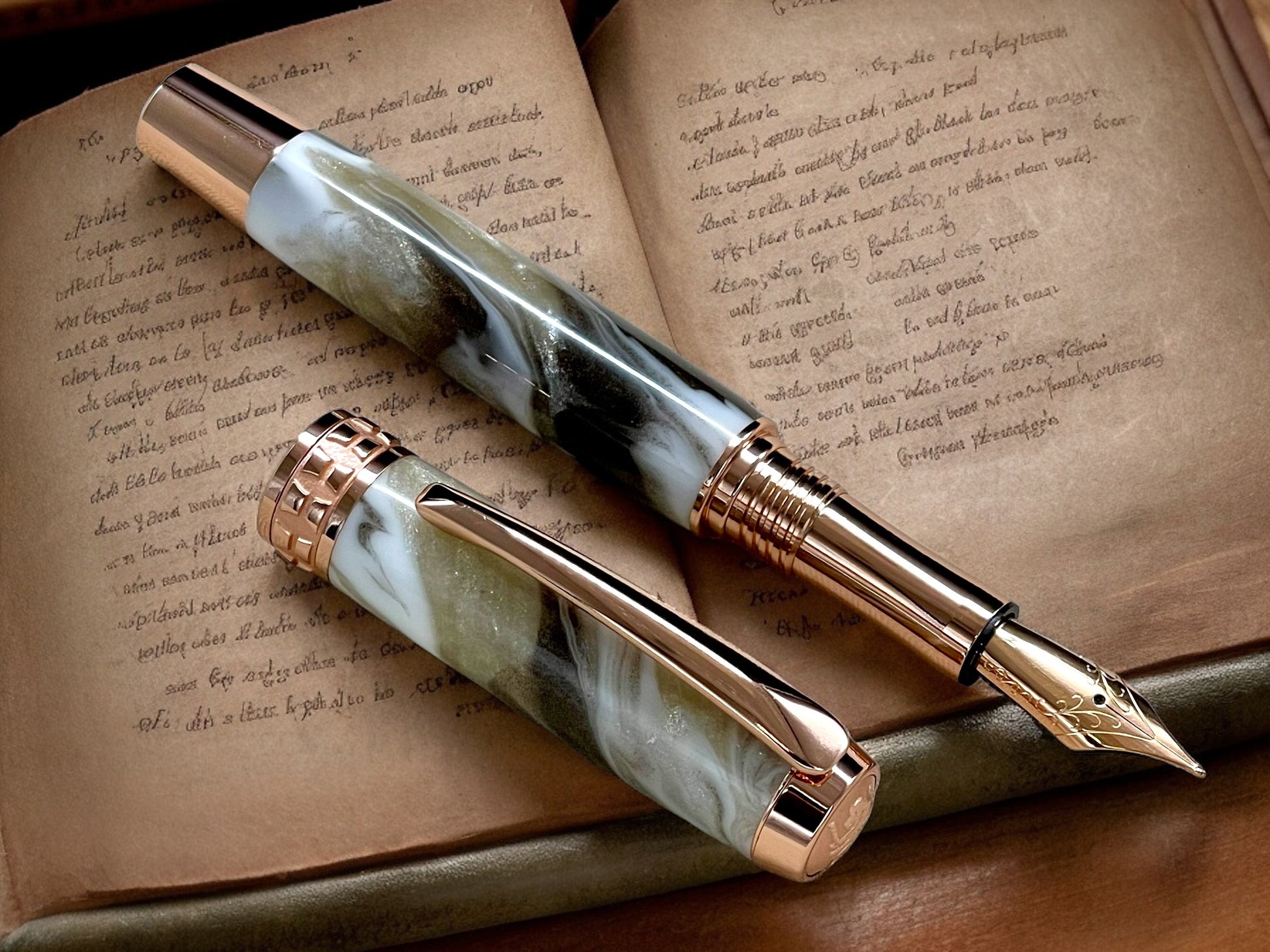 Elegant “Swirling Marble” Rose Gold Fountain Pen, Artisan Handcrafted Writing Instrument. Simple to Use. Handmade in CO USA. One of a Kind - HighlanderPen