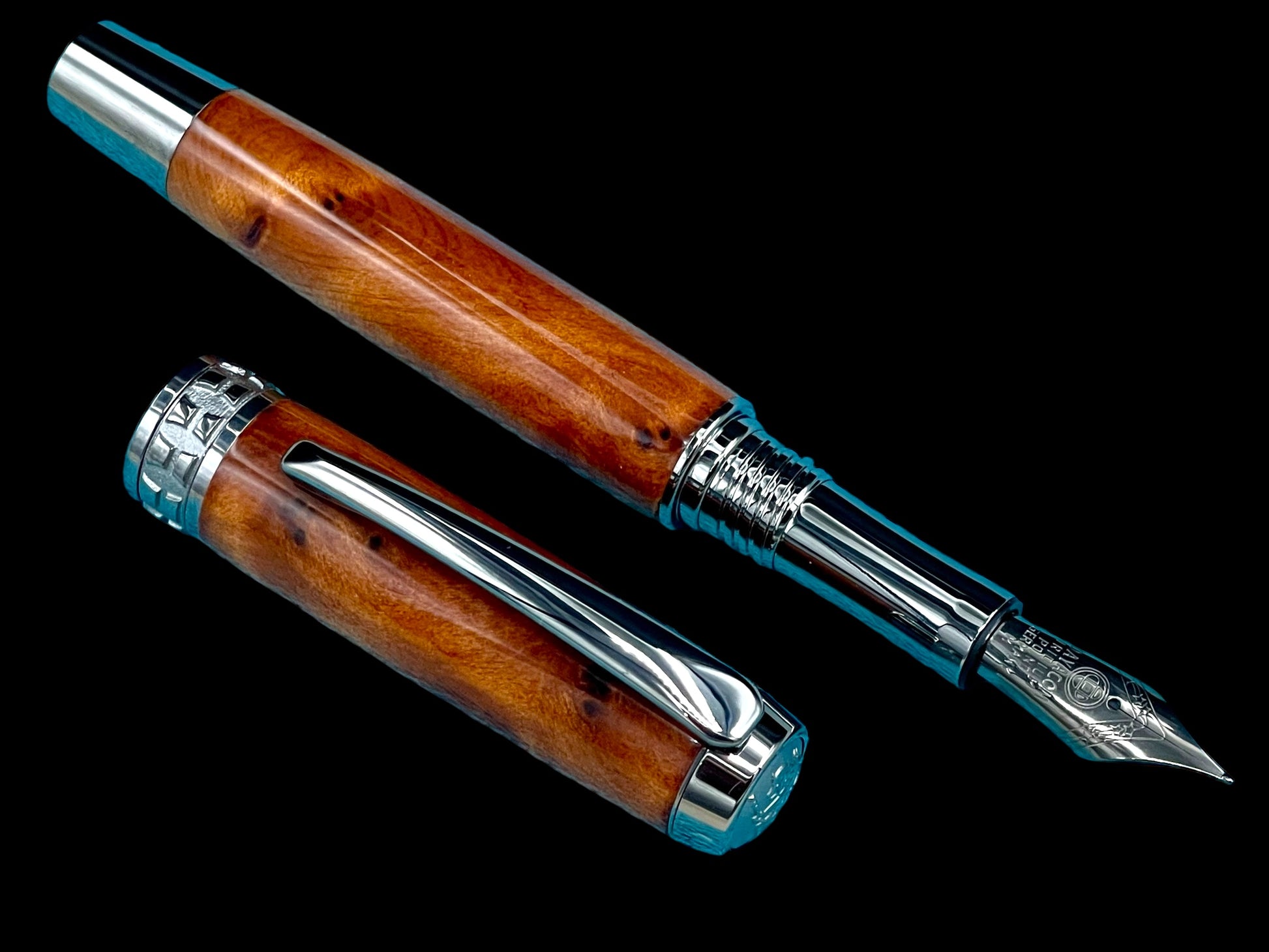 Exotic Thuya Burl Wood Highlander Black Titanium Fountain Pen, Artisan Handcrafted Writing Instrument. Converter, Ink, Sleeve & Box Included (ML-FP-0926-01) - HighlanderPen