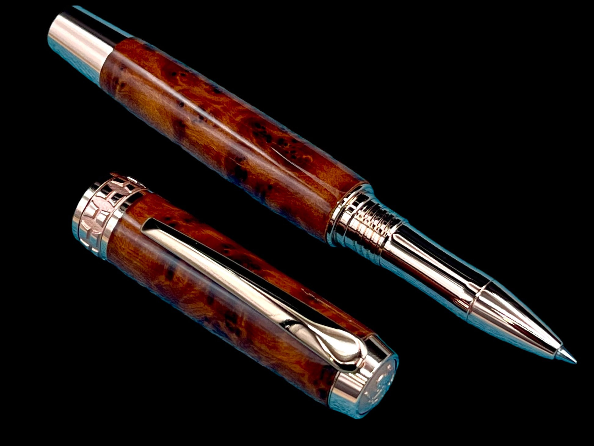 Exotic Thuya Burl Wood~Highlander Rose Gold Rollerball Pen, Artisan Handcrafted Writing Instrument. One of a Kind, with Box, Sleeve, & Ink. (ML-RB-0926-01) - HighlanderPen