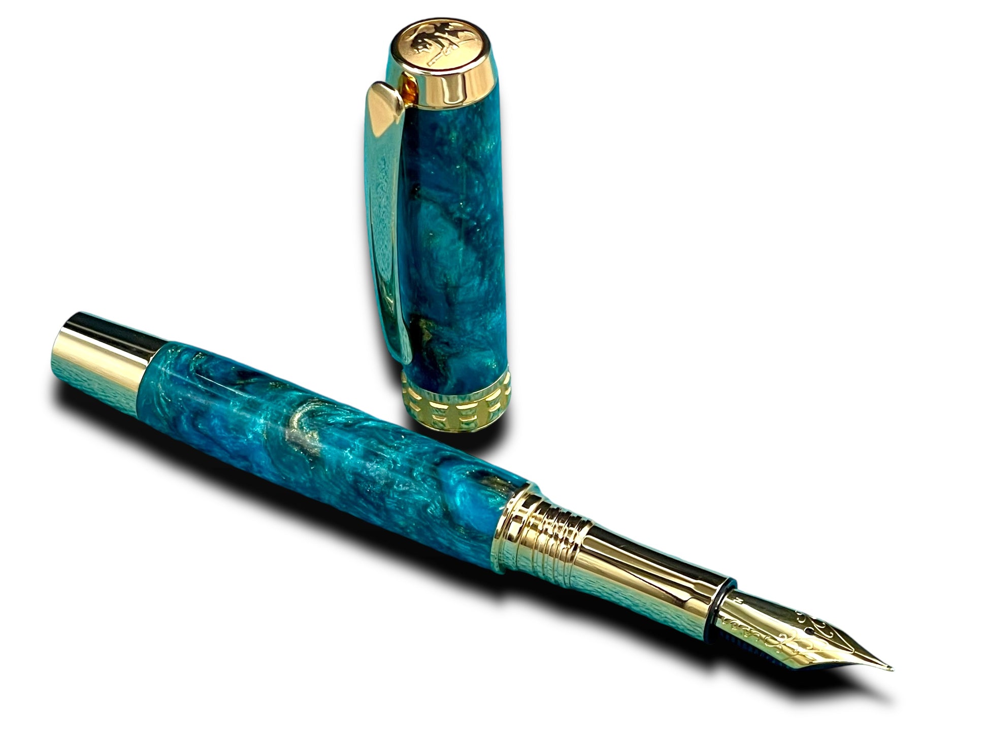 Elegant “Teal/Black/Gold” Handcrafted Luxury Gold Fountain Pen, One of a Kind, Handmade in Colorado. Ink, Converter, Sleeve, & Box Included. - HighlanderPen