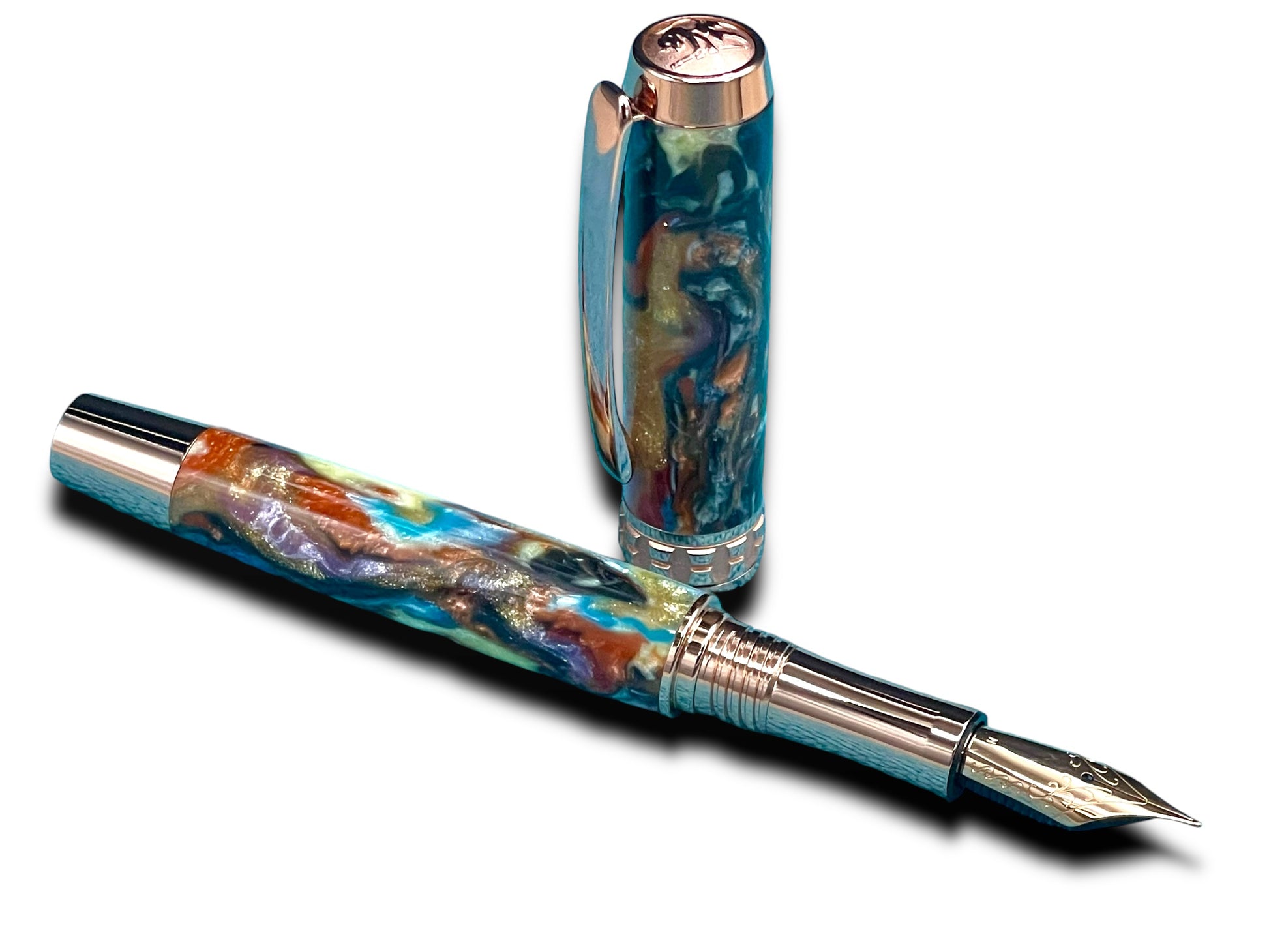 Elegant “Color Splash Acrylic” Rose Gold Fountain Pen, One of a Kind, Handmade in Colorado. Ink, Converter, Pen Sleeve & Box Included. - HighlanderPen