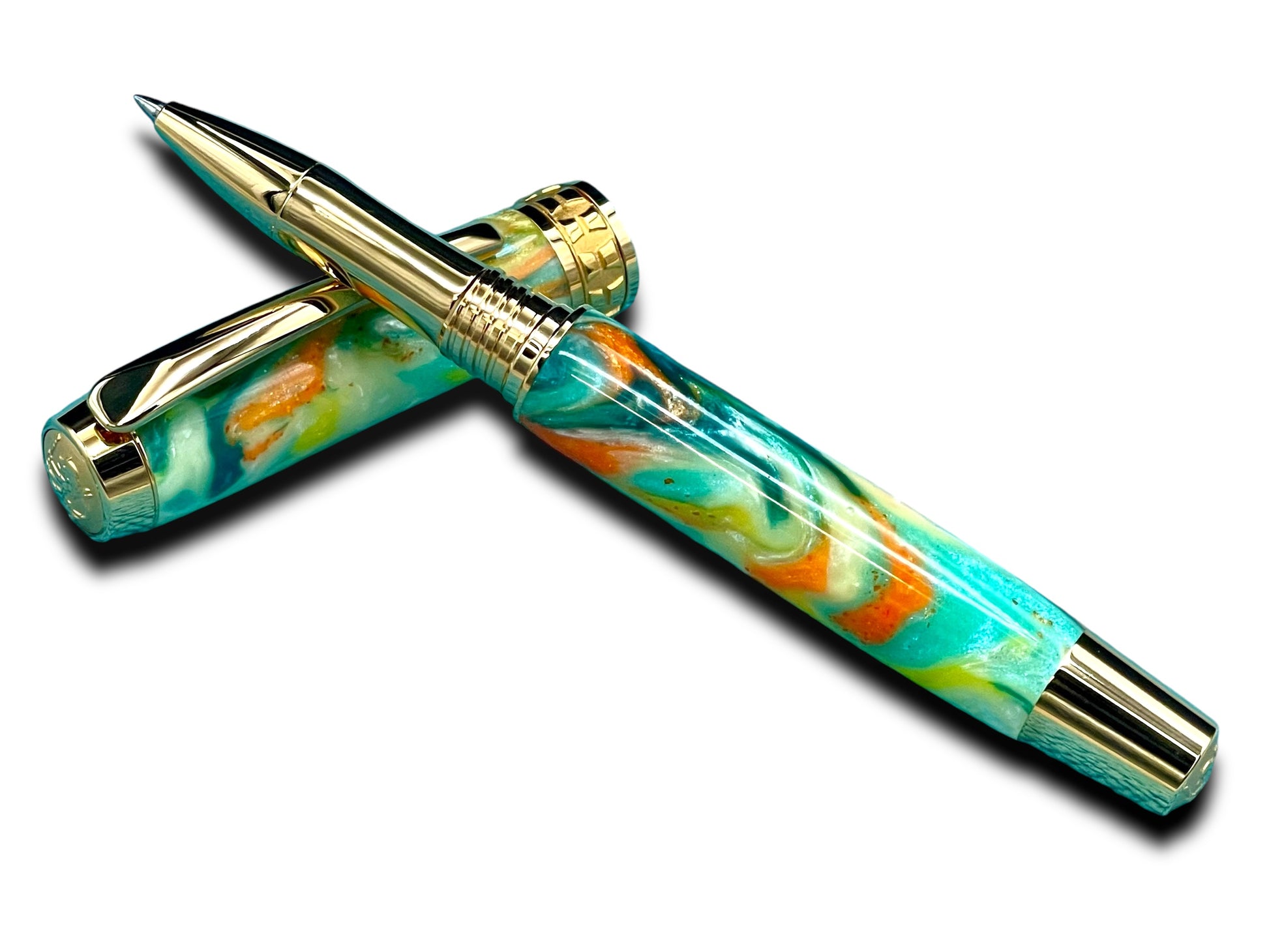 Whimsical “Italian Sorbet” Handcrafted Gold Rollerball Pen, One of a Kind, Handmade in Colorado. Ink, Velvet Sleeve, and Pen Box Included. - HighlanderPen