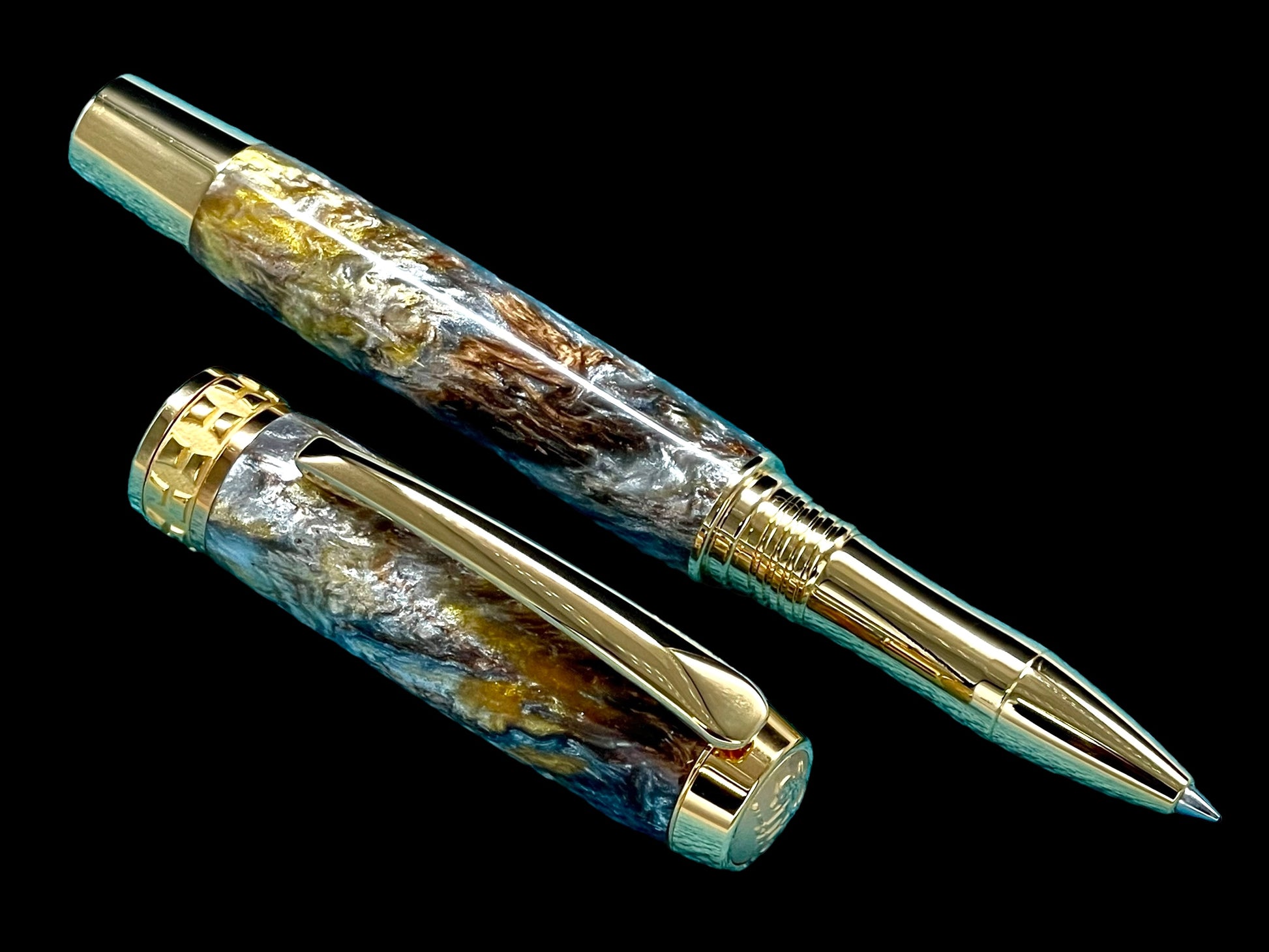 Striking “Molten Metals” Handcrafted Gold Rollerball Pen, One of a Kind, Handmade in Colorado. Ink, Velvet Sleeve, and Pen Box Included. - HighlanderPen