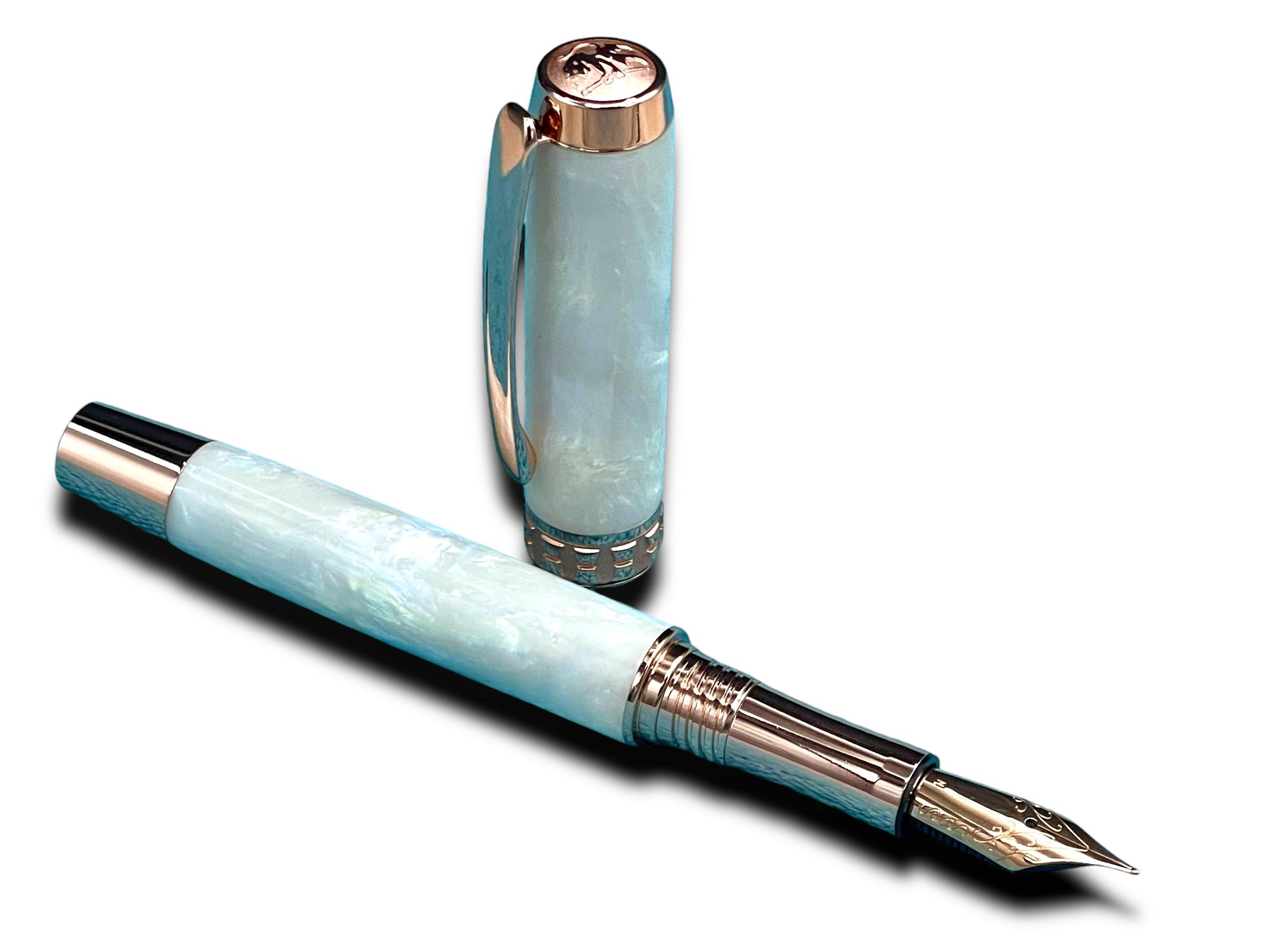 Elegant “Pearly Opal Acrylic” Rose Gold Fountain Pen, One of a Kind, Handmade in Colorado. Ink, Converter, Pen Sleeve & Box Included. - HighlanderPen