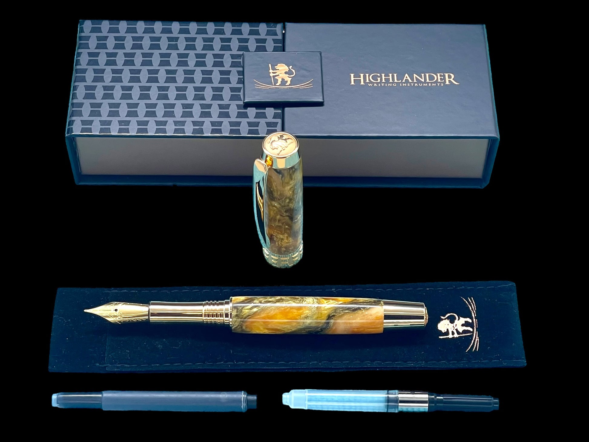 Striking “Gold-Orange Swirl” Handcrafted Gold Fountain Pen, One of a Kind, Handmade in Colorado. Ink, Converter, Sleeve, & Box Included. - HighlanderPen