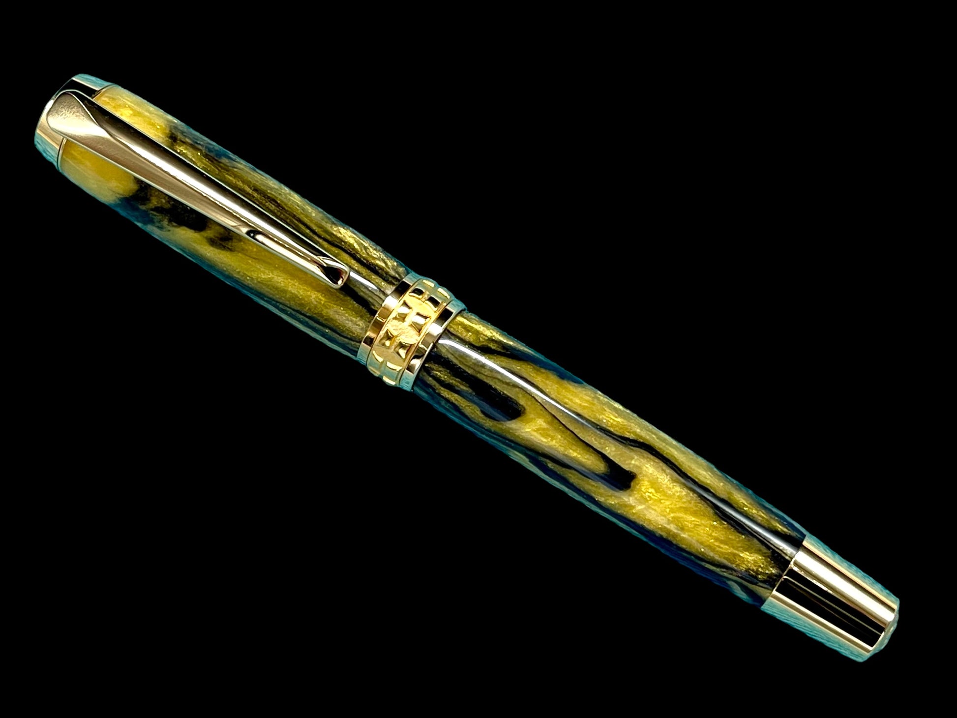 Striking “Gold and Black” Handcrafted Luxury Gold Fountain Pen, One of a Kind, Handmade in Colorado. Ink, Converter, Sleeve, & Box Included. - HighlanderPen