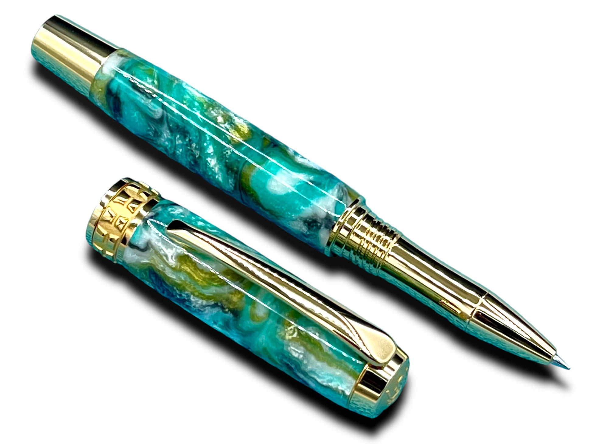 Elegant “Teal Swirl” Handcrafted Gold Rollerball Pen, One of a Kind, Handmade in Colorado. Ink, Velvet Sleeve, and Pen Box Included. - HighlanderPen