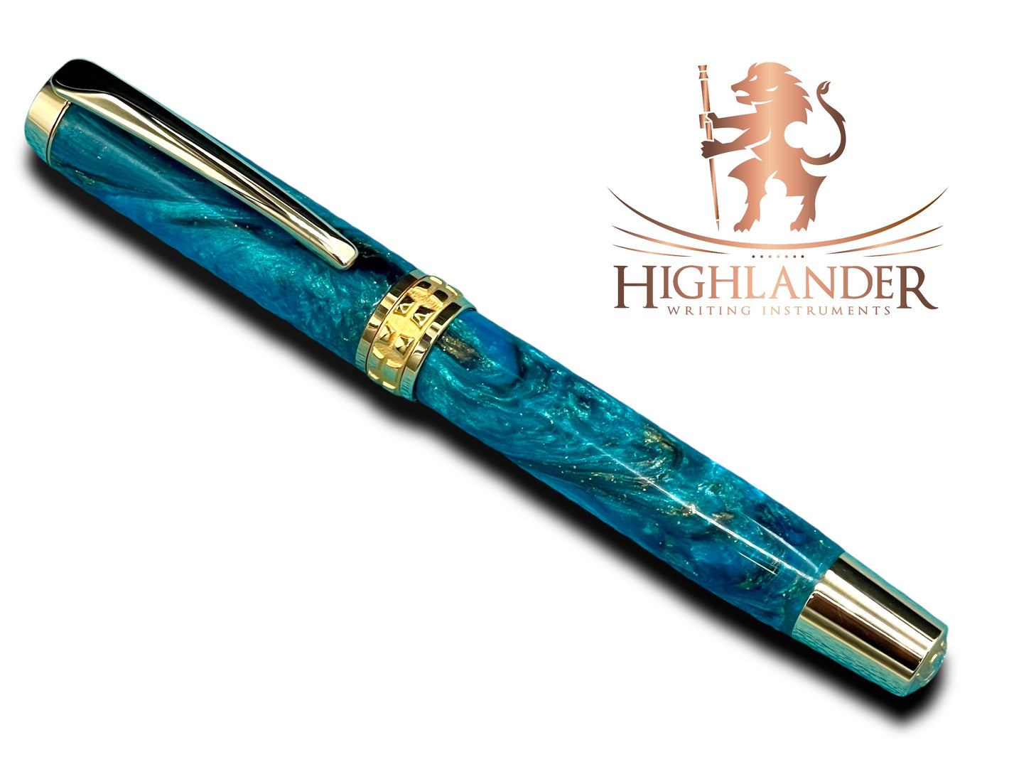 Elegant “Teal/Black/Gold” Handcrafted Luxury Gold Fountain Pen, One of a Kind, Handmade in Colorado. Ink, Converter, Sleeve, & Box Included. - HighlanderPen