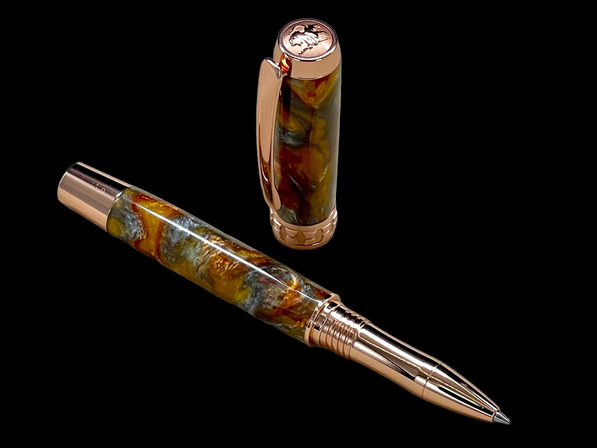 Striking “Molten Metals” Rose Gold Acrylic Rollerball Pen, Artisan Handcrafted Writing Instrument. Handmade Custom in CO USA. One of a Kind. - HighlanderPen