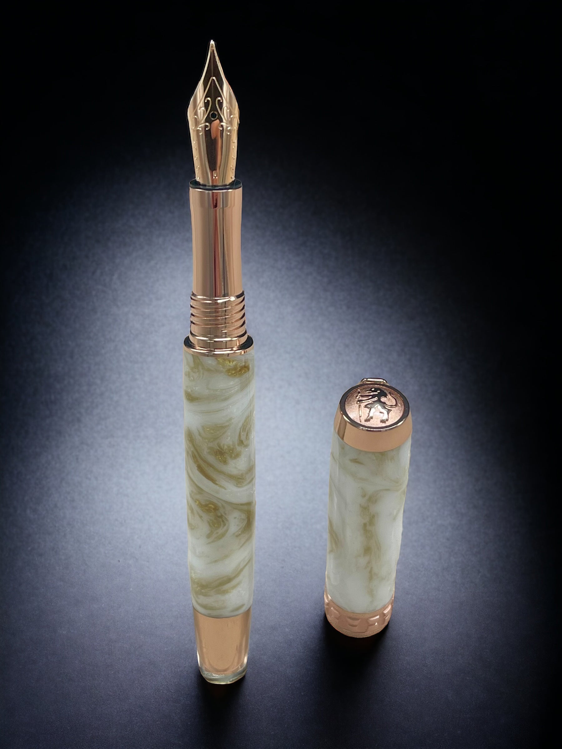 “Gold Marble”, One of a Kind, Rose Gold, Handmade Custom Acrylic Fountain Pen. Artisan Rare & Unique, Completely Handcrafted in Colorado, USA - HighlanderPen