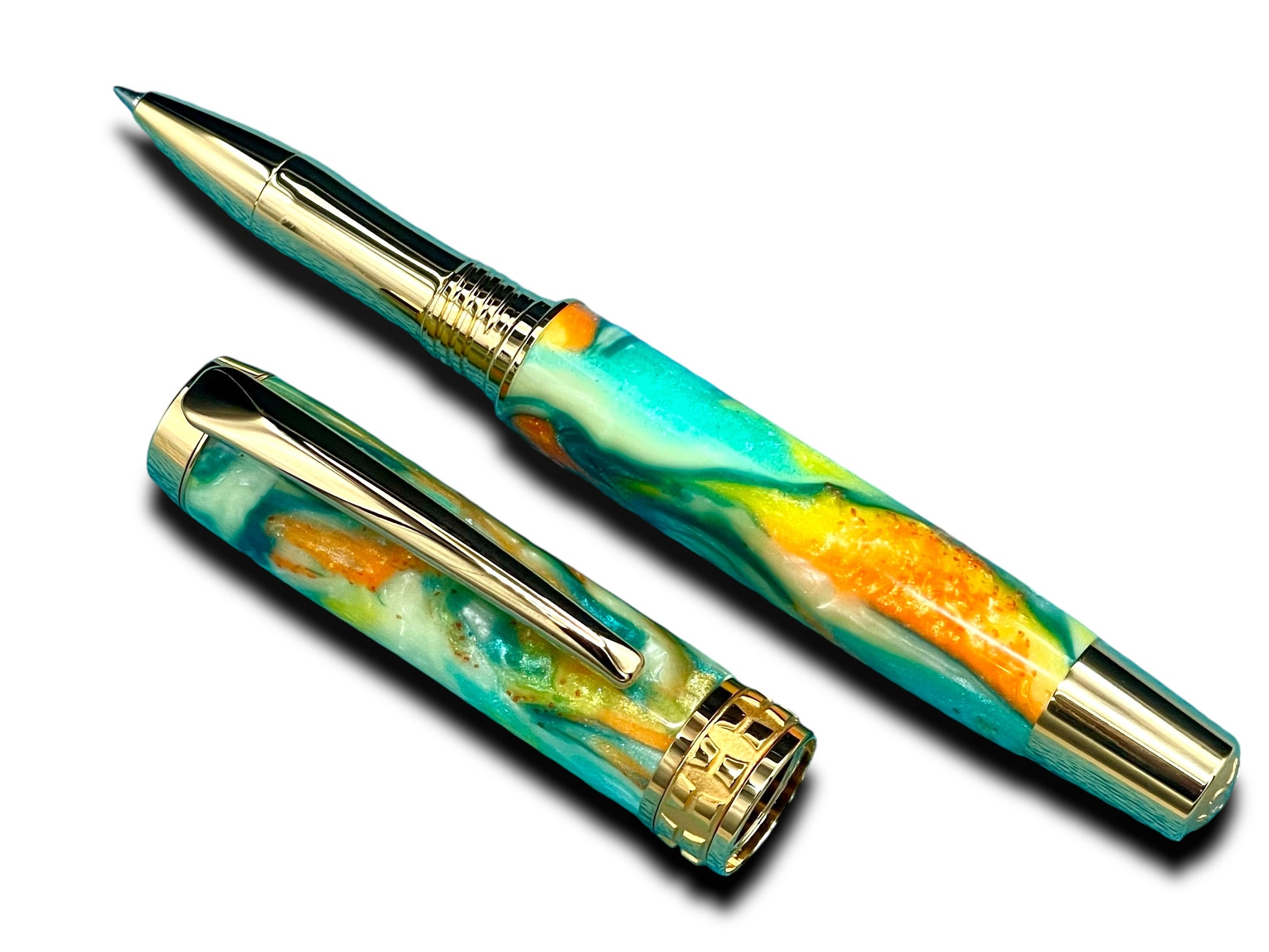 Whimsical “Italian Sorbet” Handcrafted Gold Rollerball Pen, One of a Kind, Handmade in Colorado. Ink, Velvet Sleeve, and Pen Box Included. - HighlanderPen