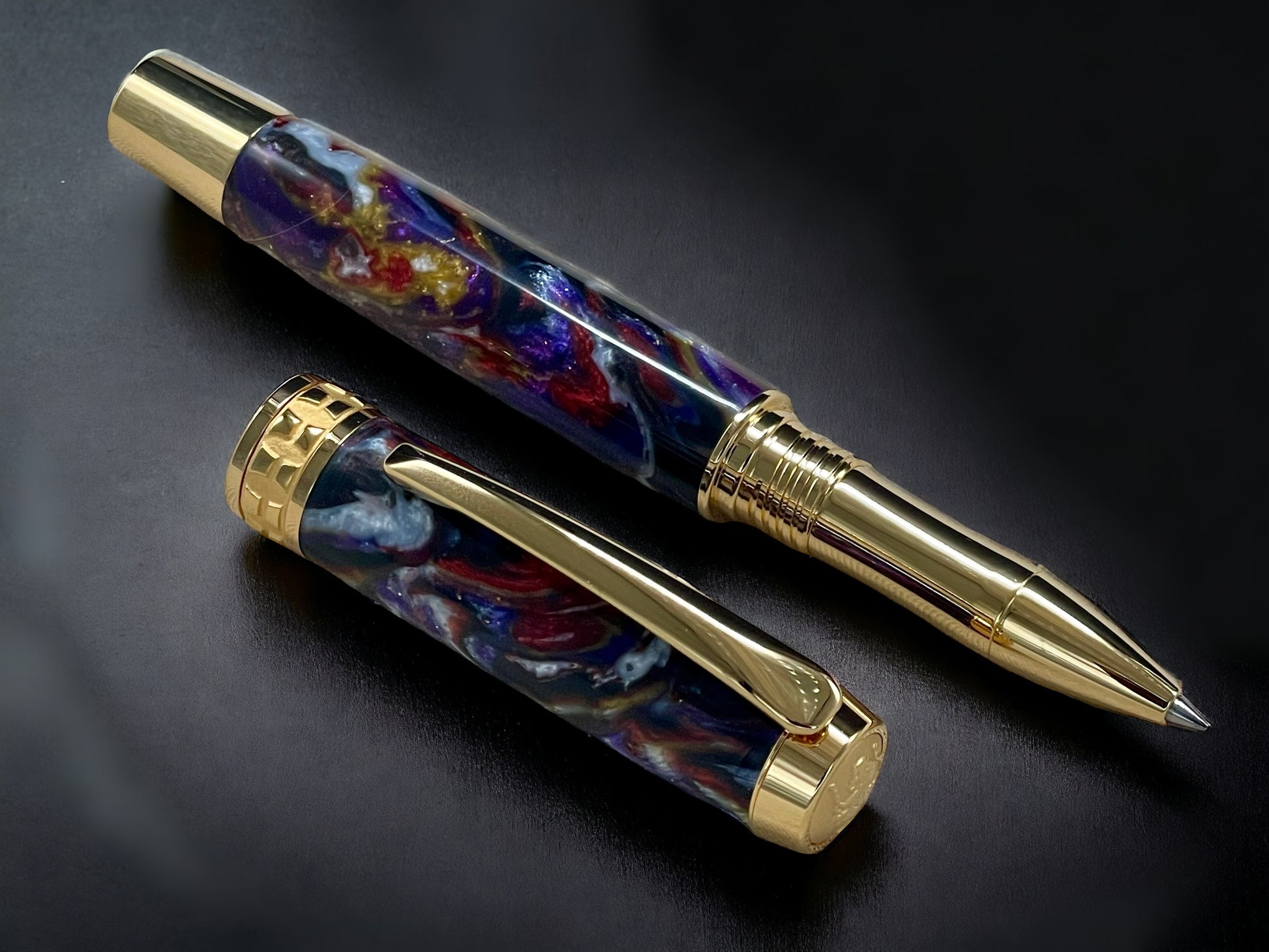 Whimsical Black, One of a Kind Gold “SKYE”, Handmade Custom Acrylic Rollerball Pen. Artisan Rare & Unique, Completely Handcrafted  in Co, USA - HighlanderPen