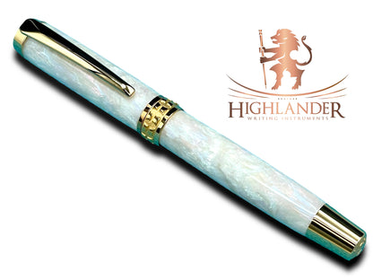 Elegant “Pearly Opal” Handcrafted Gold Rollerball Pen, One of a Kind, Handmade in Colorado. Ink, Velvet Sleeve, and Pen Box Included. - HighlanderPen