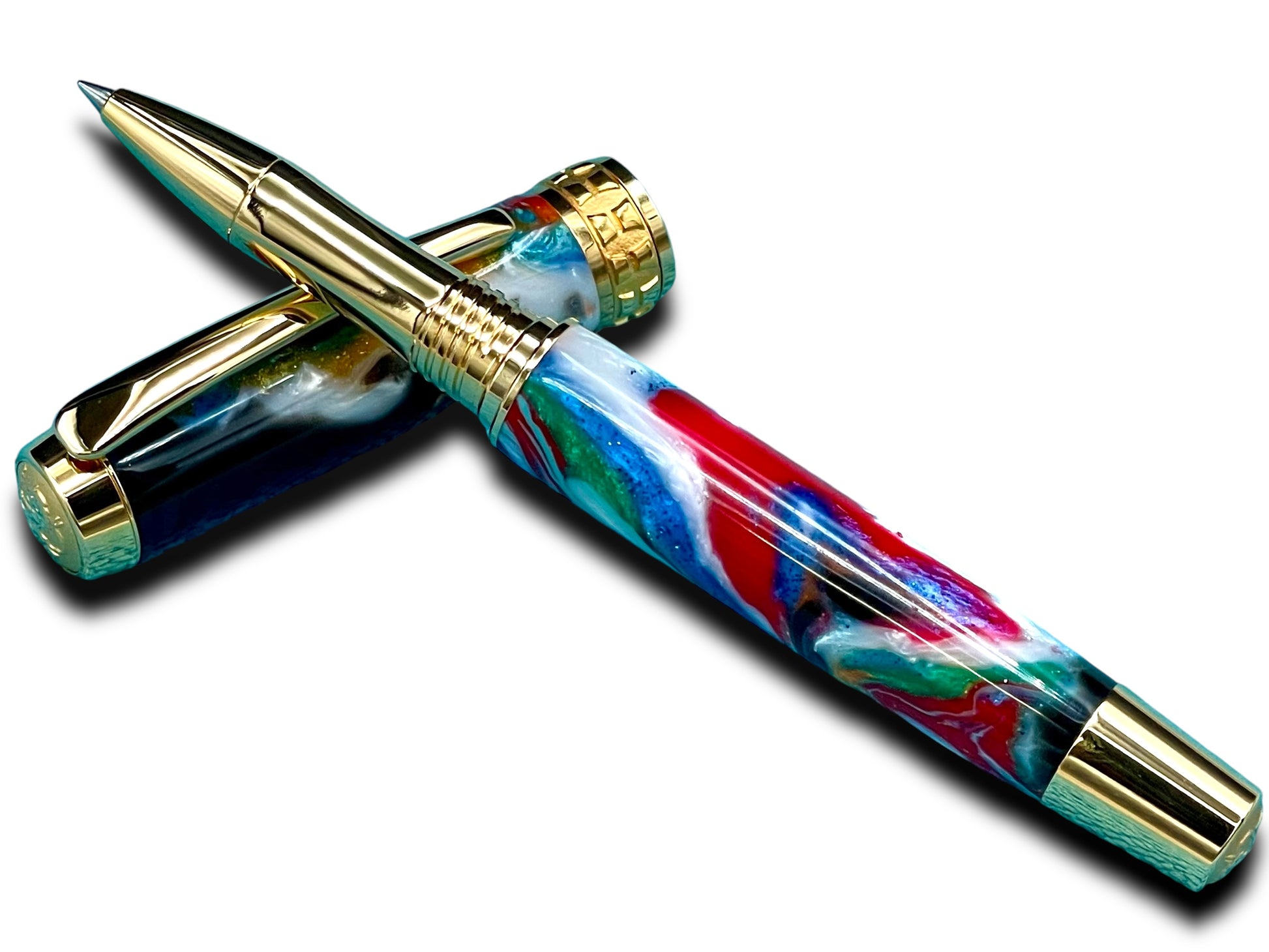 Whimsical “Color Explosion” Handcrafted Gold Rollerball Pen, One of a Kind, Handmade in Colorado. Ink, Velvet Sleeve, and Pen Box Included. - HighlanderPen