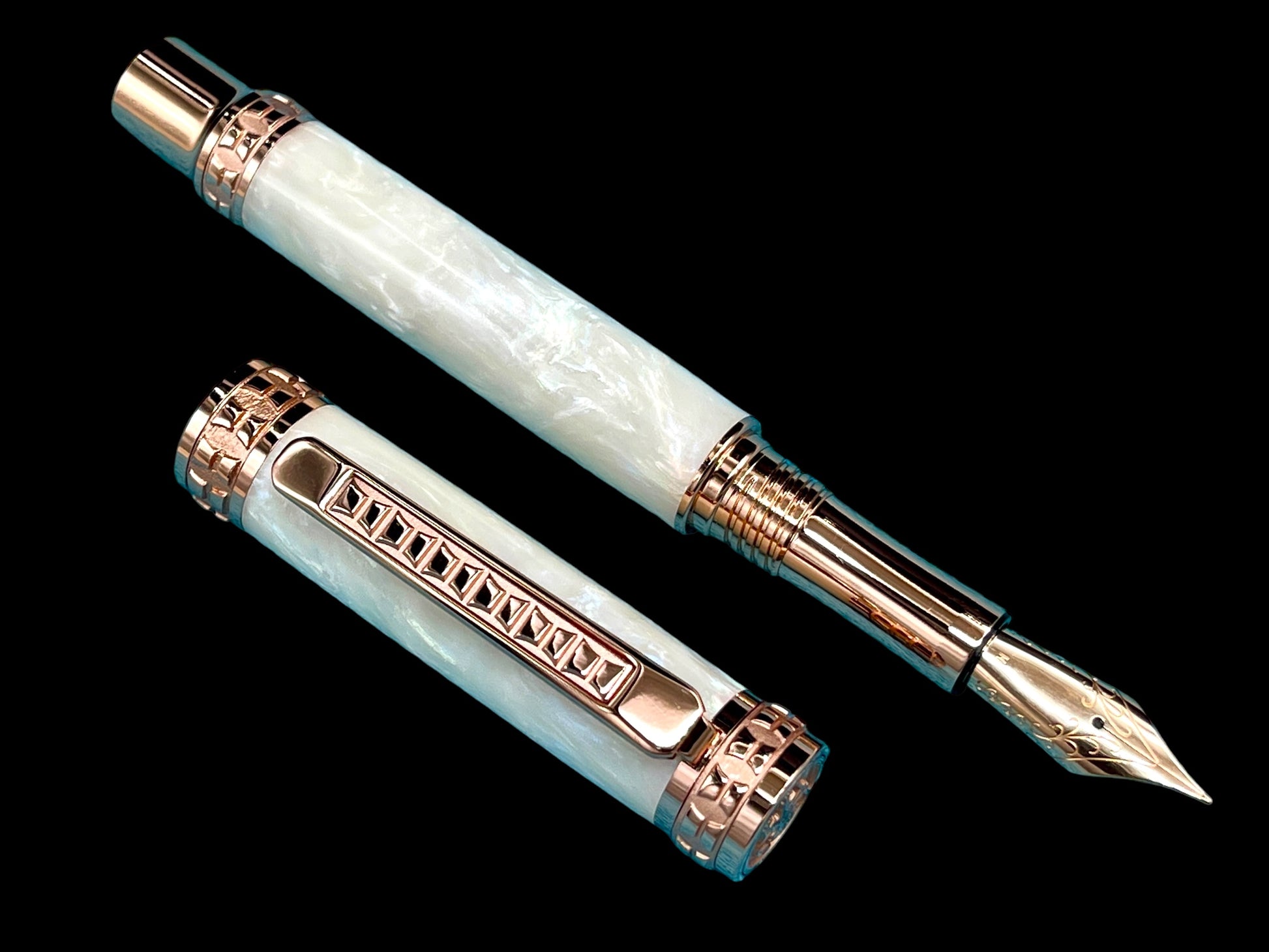 Highlander Edinburgh “Pearly Opal” Rose Gold Fountain Pen, One of a Kind, Handcrafted in CO. Ink, Converter, Pen Sleeve, & Box Included. - HighlanderPen