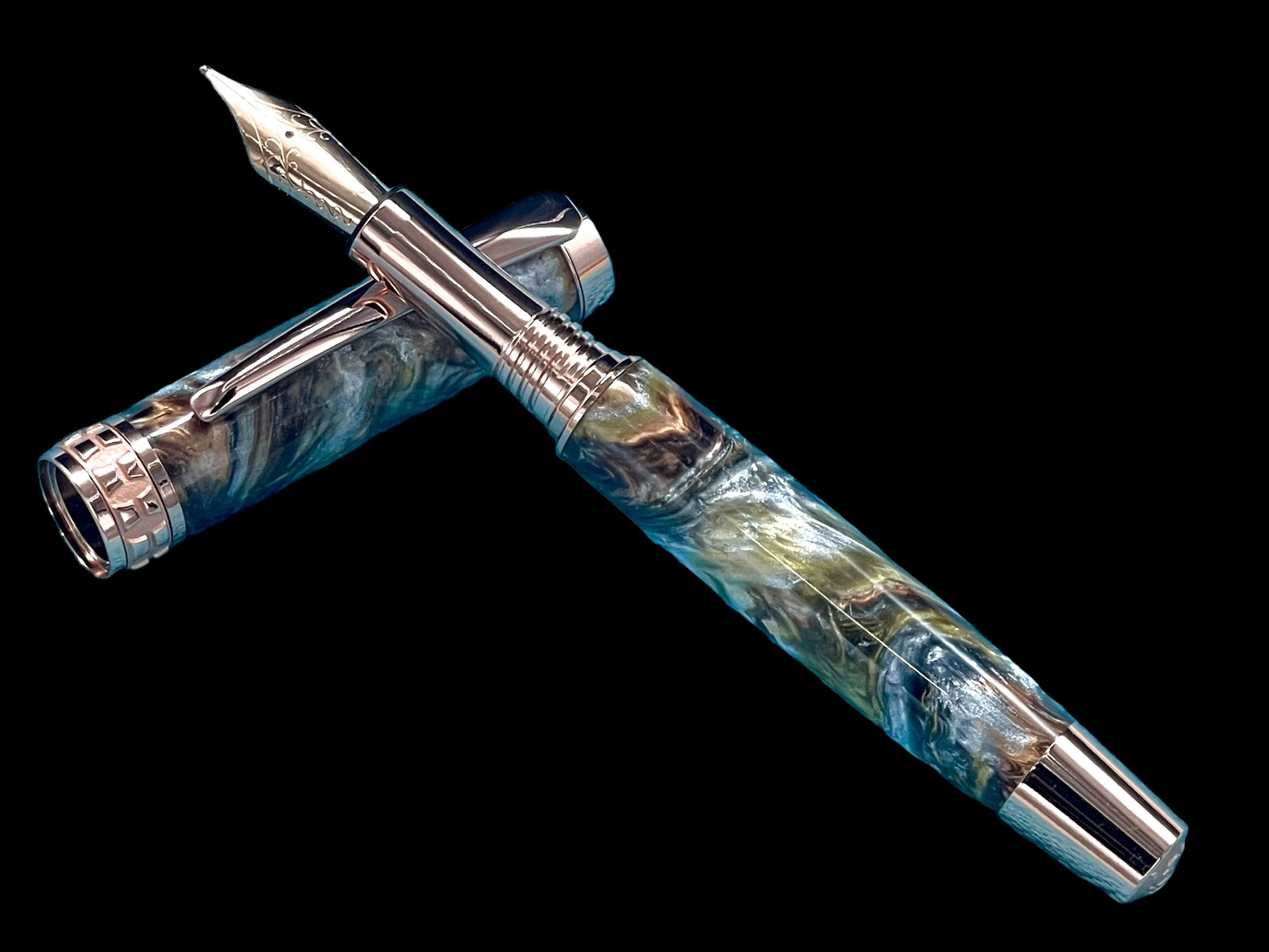 Striking “Molten Metals” Acrylic Rose Gold Fountain Pen, One of a Kind, Handmade in Colorado. Ink, Converter, Pen Sleeve & Box Included. - HighlanderPen