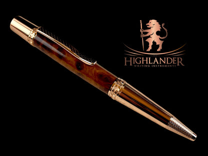 Rose Gold Exotic Australian Red Coolabah Burl Wood Handmade Ballpoint Pen. Handcrafted by Highlander Pen in CO. Box, Ink, & Sleeve Included. [ML-BP-1209-03]