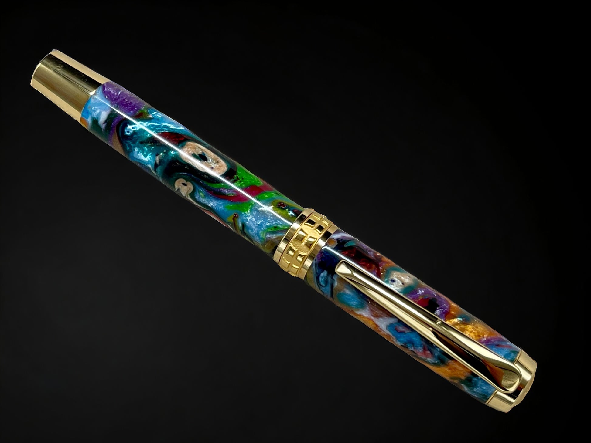 Gold Rollerball Pen, Artisan Handcrafted Writing Instrument. Handmade with Custom Hardware in Colorado. One of a Kind. “Color Explosion” - HighlanderPen