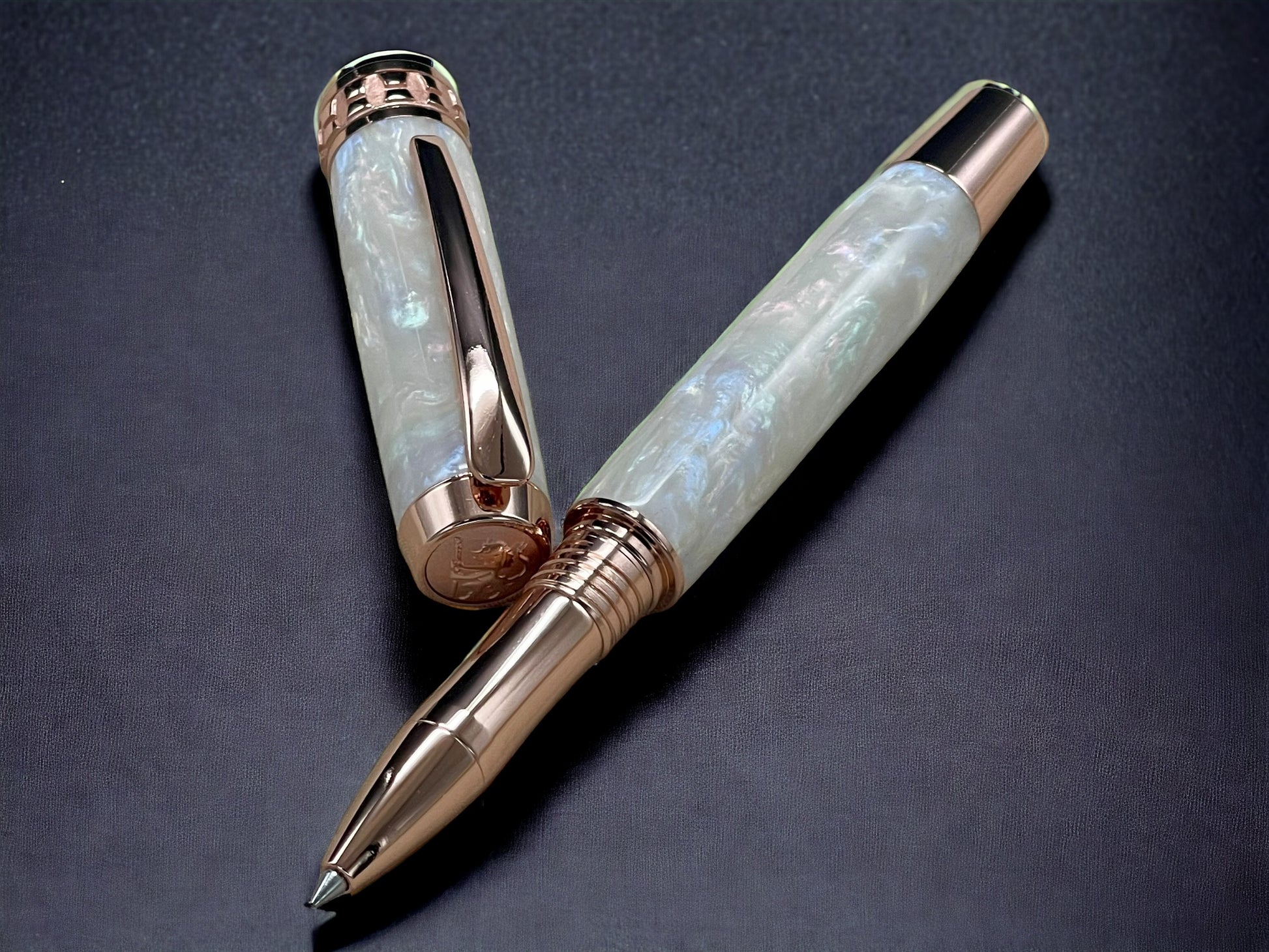 “Pearly Opal”, One of a Kind, Rose Gold, Handmade Custom Acrylic Rollerball Pen. Artisan Rare & Unique, Completely Handcrafted  in Co, US - HighlanderPen