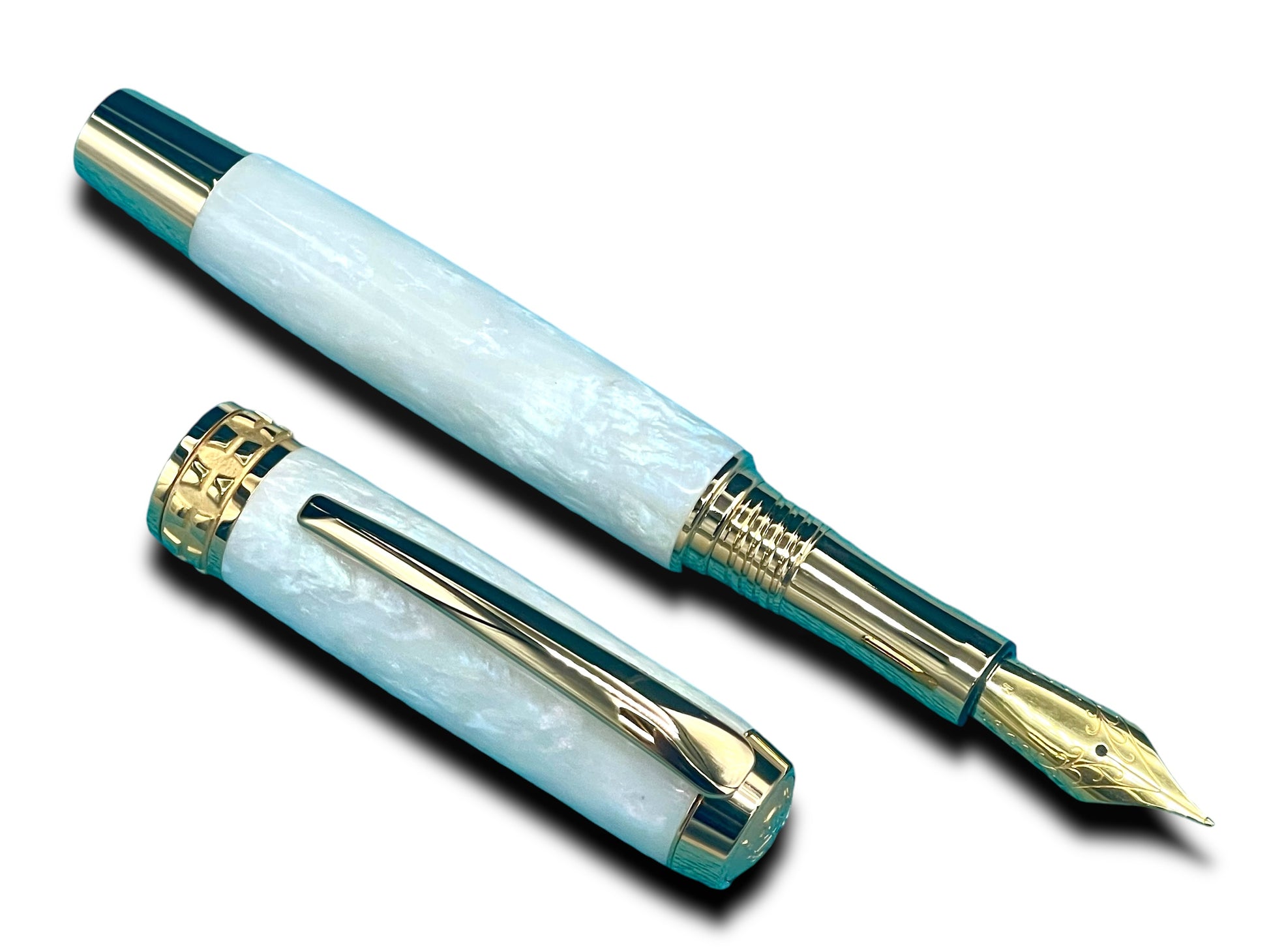 Elegant “Pearly Opal” Handcrafted Luxury Gold Fountain Pen, One of a Kind, Handmade in Colorado. Ink, Converter, Sleeve, & Box Included. - HighlanderPen