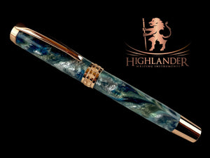 Rose Gold “Narwhals” Handmade Rollerball Pen. One of a Kind, Handcrafted by Highlander Pen in Colorado. Box, Sleeve, & Ink Included. [ML-RB-1213-01]