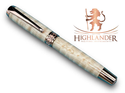 Exotic Curly Hard Maple Wood Rose Gold Fountain Pen, One of a Kind, Handmade in Colorado. Ink, Converter, Pen Sleeve & Box Included. - HighlanderPen