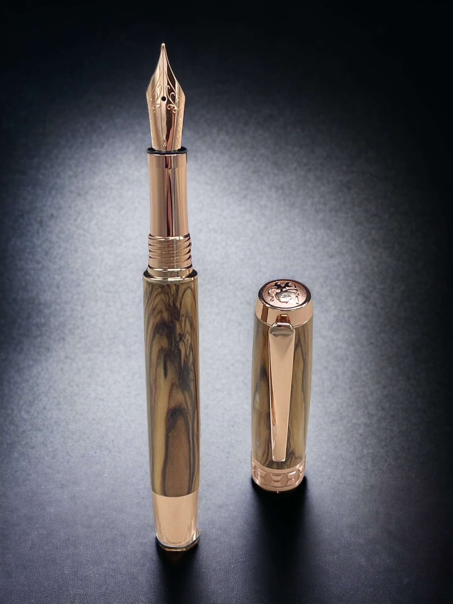 “Bethlehem Olivewood”, Rose Gold Fountain Pen, Artisan Handcrafted Writing Instrument. Simple to Use. Handmade in CO with Custom Hardware. - HighlanderPen