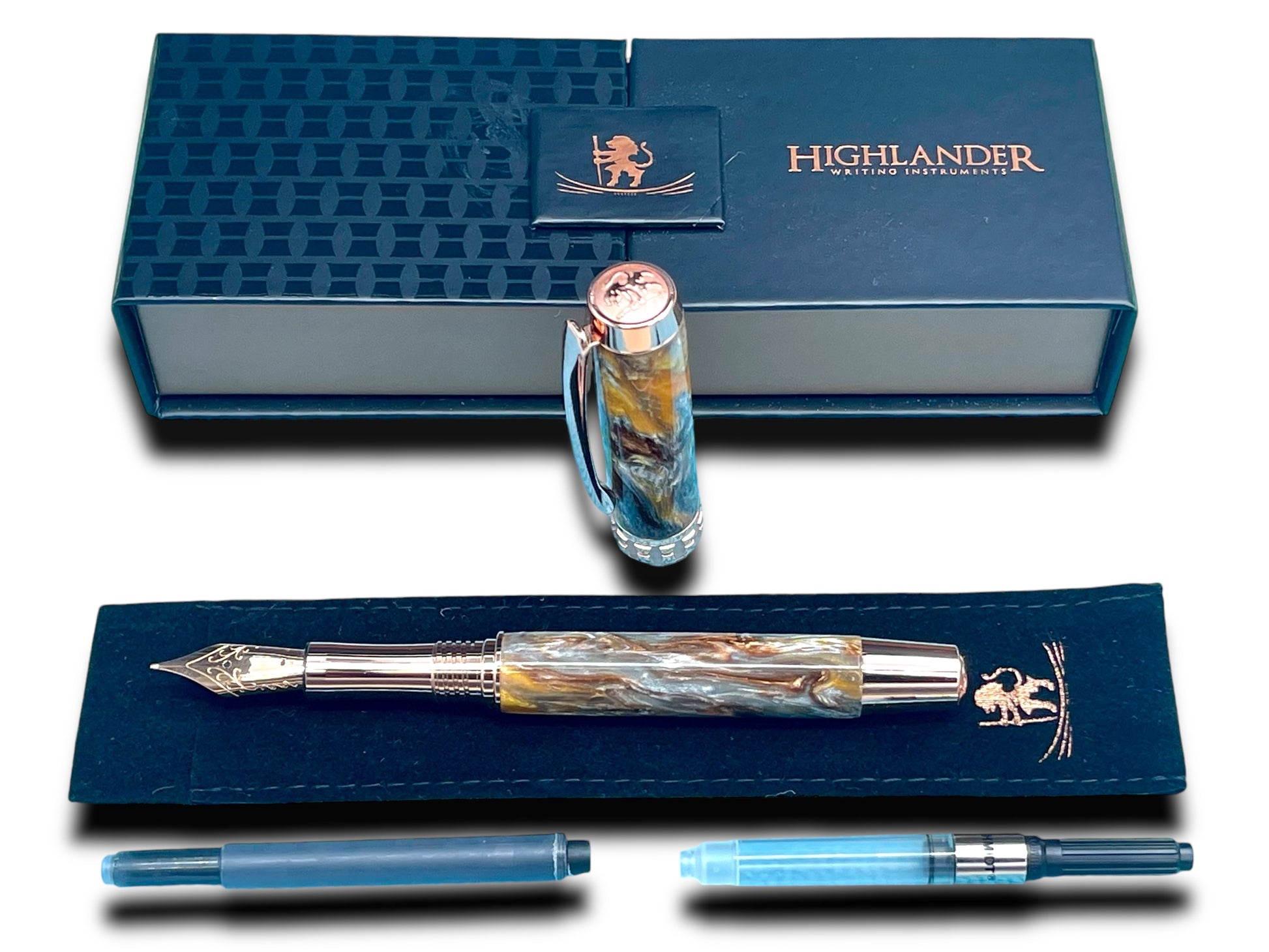 Striking “Molten Metals Acrylic” Rose Gold Fountain Pen, One of a Kind, Handmade in Colorado. Ink, Converter, Pen Sleeve & Box Included. - HighlanderPen