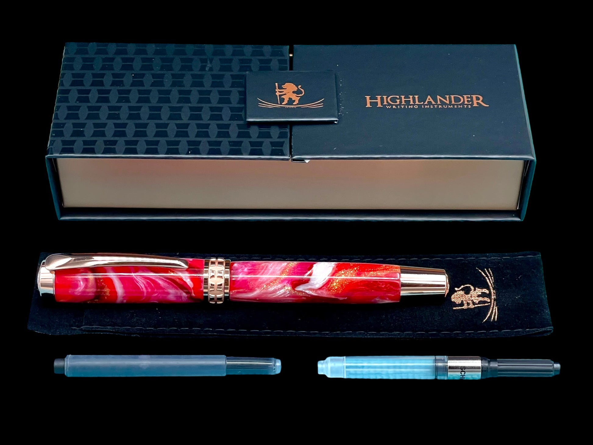 Highlander~Rose Gold Handmade Fountain Pen, One of a Kind Writing Instrument, Handcrafted in CO. Ink, Converter, Pen Sleeve & Box Included. (ML-FP-0925-02) - HighlanderPen