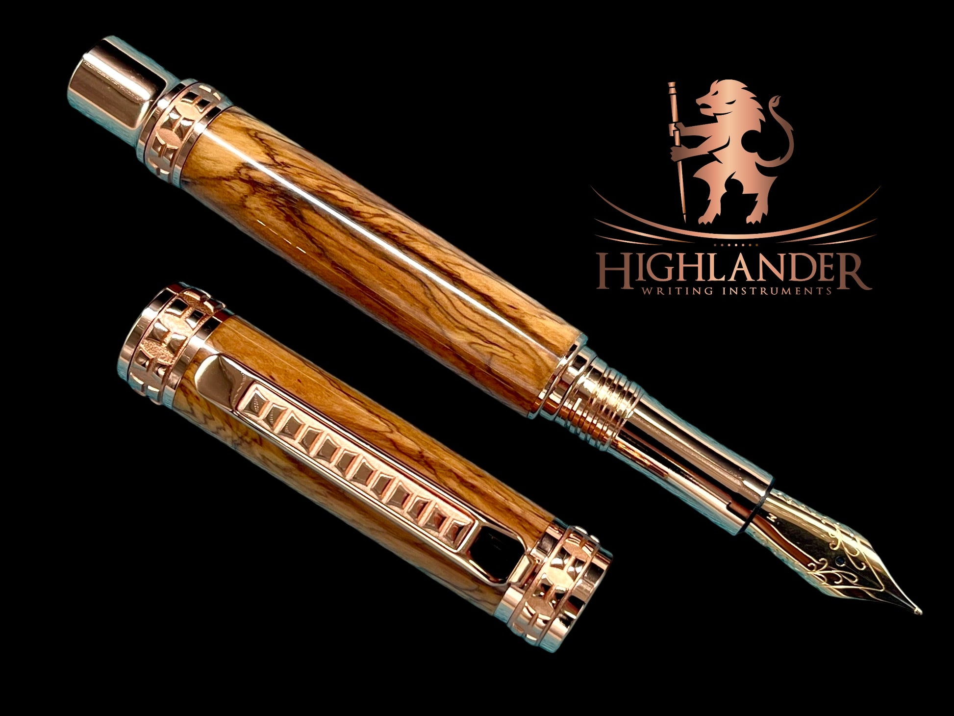 Highlander Edinburgh Certified Bethlehem Olivewood Rose Gold Fountain Pen, Handcrafted in CO. Ink, Converter, Pen Sleeve, & Box Included. - HighlanderPen