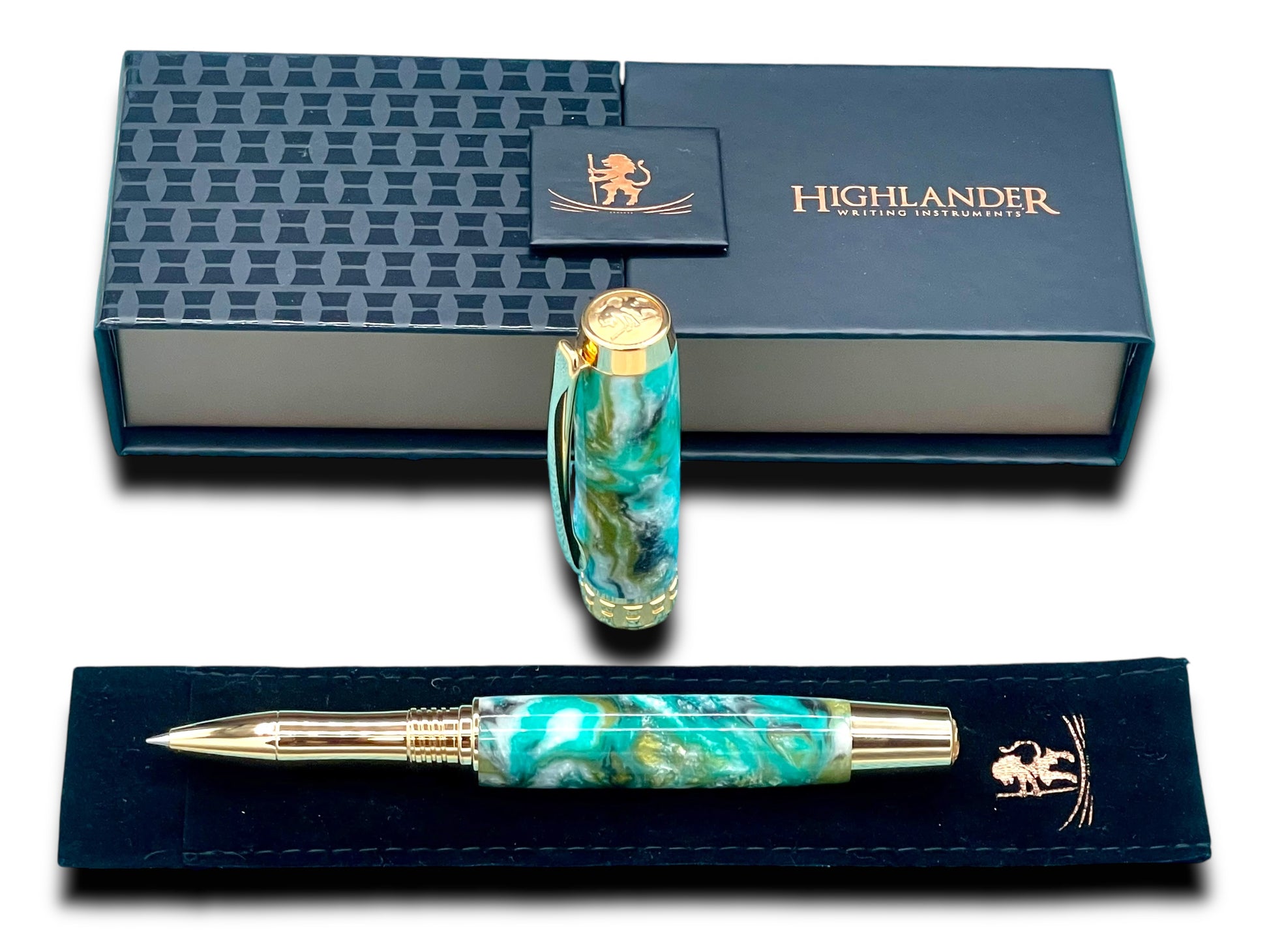 Elegant “Teal Swirl” Handcrafted Gold Rollerball Pen, One of a Kind, Handmade in Colorado. Ink, Velvet Sleeve, and Pen Box Included. - HighlanderPen