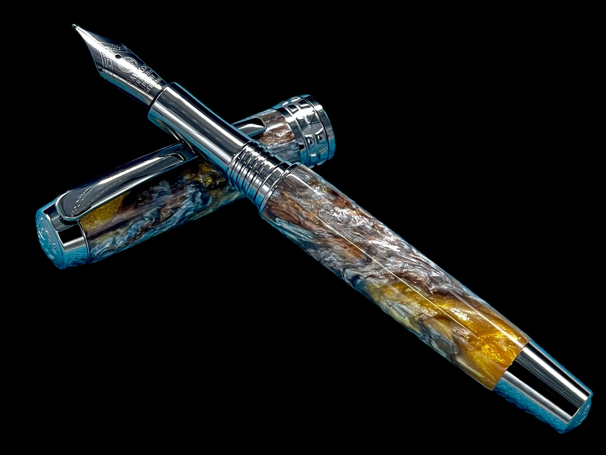 Striking “Molten Metals” Black Titanium Fountain Pen, Artisan, One of a Kind, Handmade in CO. Pen Box, Sleeve, Converter & Ink Included. - HighlanderPen