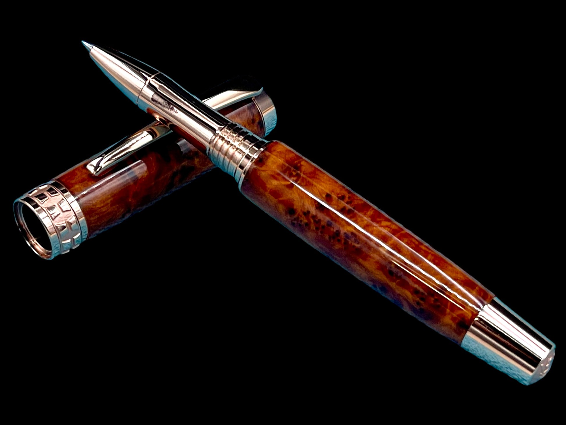 Exotic Thuya Burl Wood~Highlander Rose Gold Rollerball Pen, Artisan Handcrafted Writing Instrument. One of a Kind, with Box, Sleeve, & Ink. (ML-RB-0926-01) - HighlanderPen