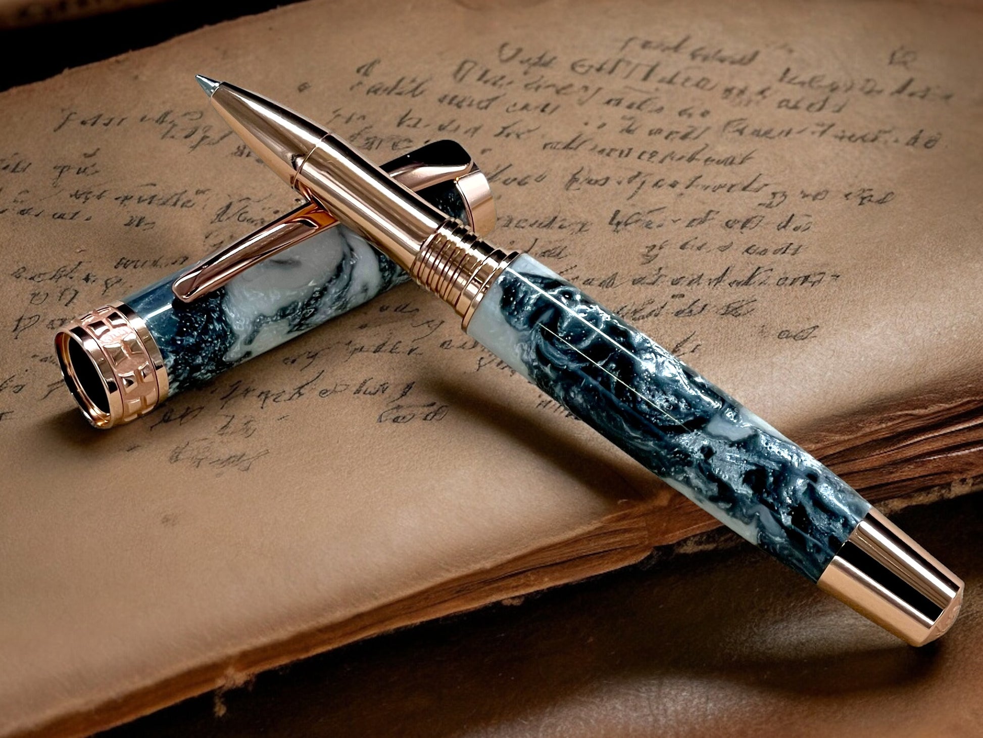 Elegant “Silver Pearl” Rose Gold Acrylic Rollerball Pen, Artisan Handcrafted Writing Instrument. Handmade Custom in Colorado. One of a Kind. - HighlanderPen