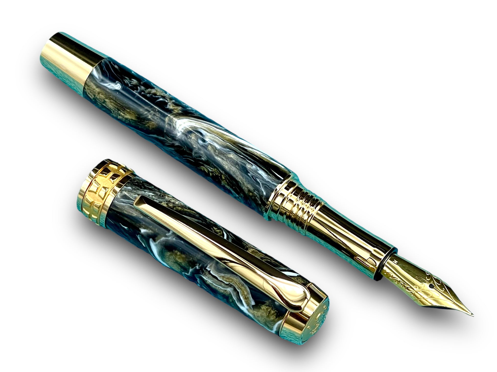 Elegant “Black and Gold” Handcrafted Luxury Gold Fountain Pen, One of a Kind, Handmade in Colorado. Ink, Converter, Sleeve, & Box Included. - HighlanderPen