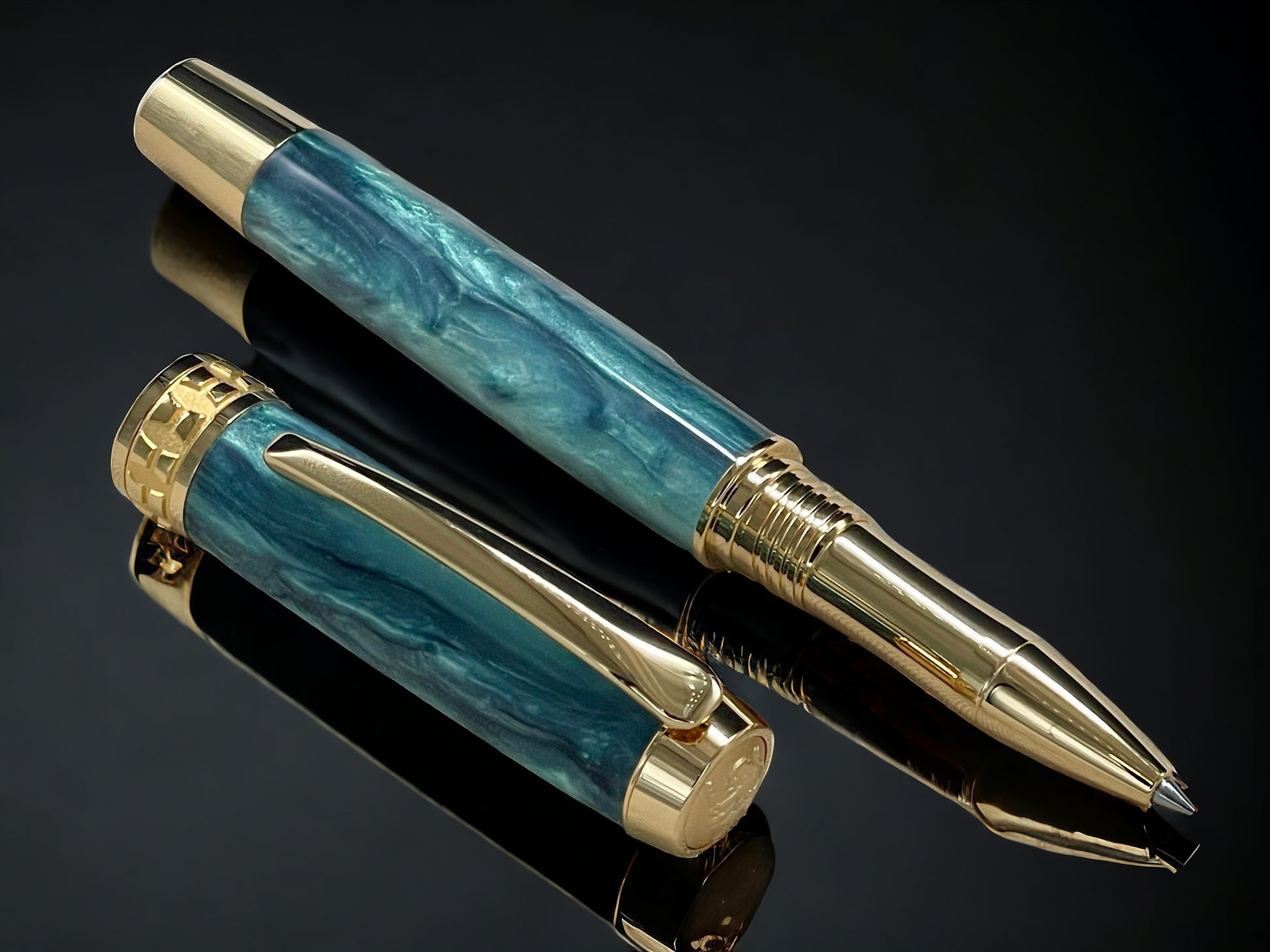 Iridescent Green, One of a Kind Gold, Handmade Custom Acrylic Rollerball Pen. Artisan Rare & Unique, Completely Handcrafted  in Co, USA - HighlanderPen