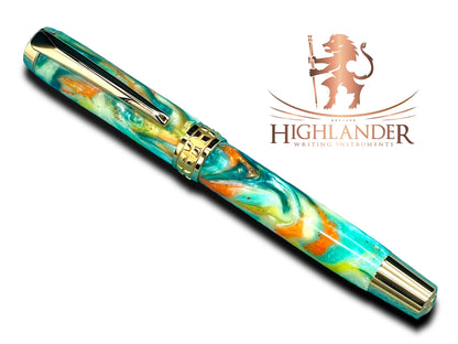 Whimsical “Italian Sorbet” Handcrafted Gold Rollerball Pen, One of a Kind, Handmade in Colorado. Ink, Velvet Sleeve, and Pen Box Included. - HighlanderPen