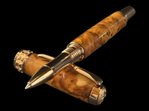 Exotic Moroccan Thuya Burl Wood | Red Gold Rollerball Pen | Highlander Rare Wood Pen Collection