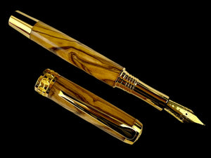 Certified Exotic Bethlehem Olivewood Gold Handmade Fountain Pen. Ink, Converter, Sleeve, & Box Included. Handcrafted in Colorado By Highlander Pen. [ML-FP-1120-03]