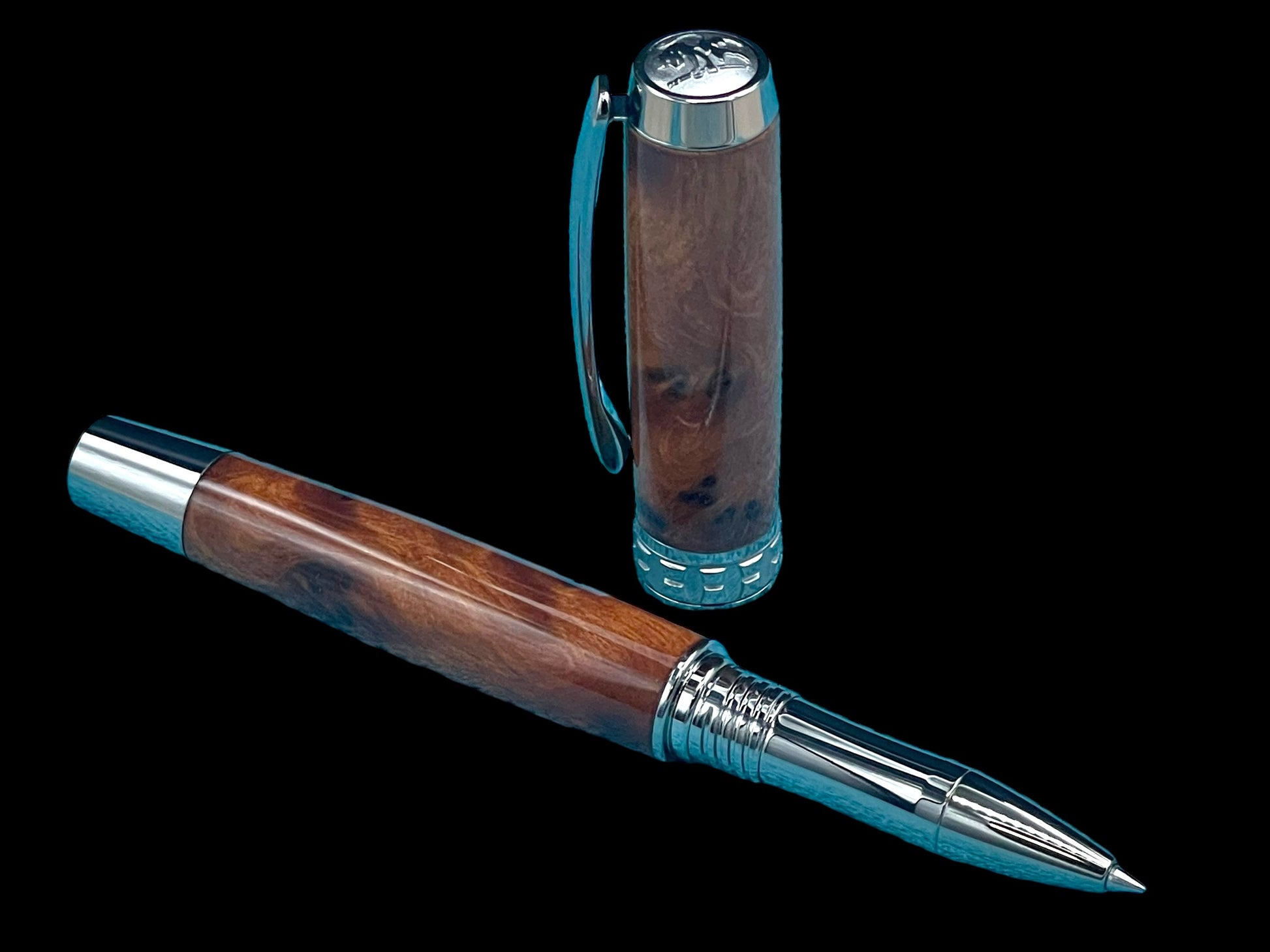 Exotic Thuya Burl Wood Black Titanium Rollerball Pen, Handcrafted in CO. Ink, Sleeve, & Box Included (ML-RB-0927-01) - HighlanderPen