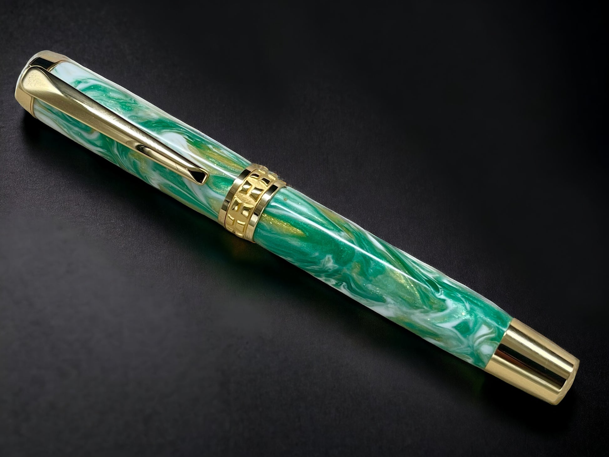 “Emerald Swirl”, One of a Kind, Handmade Custom Gold “SKYE” Fountain Pen. Artisan Rare & Unique, Completely Handcrafted  in Colorado, USA - HighlanderPen