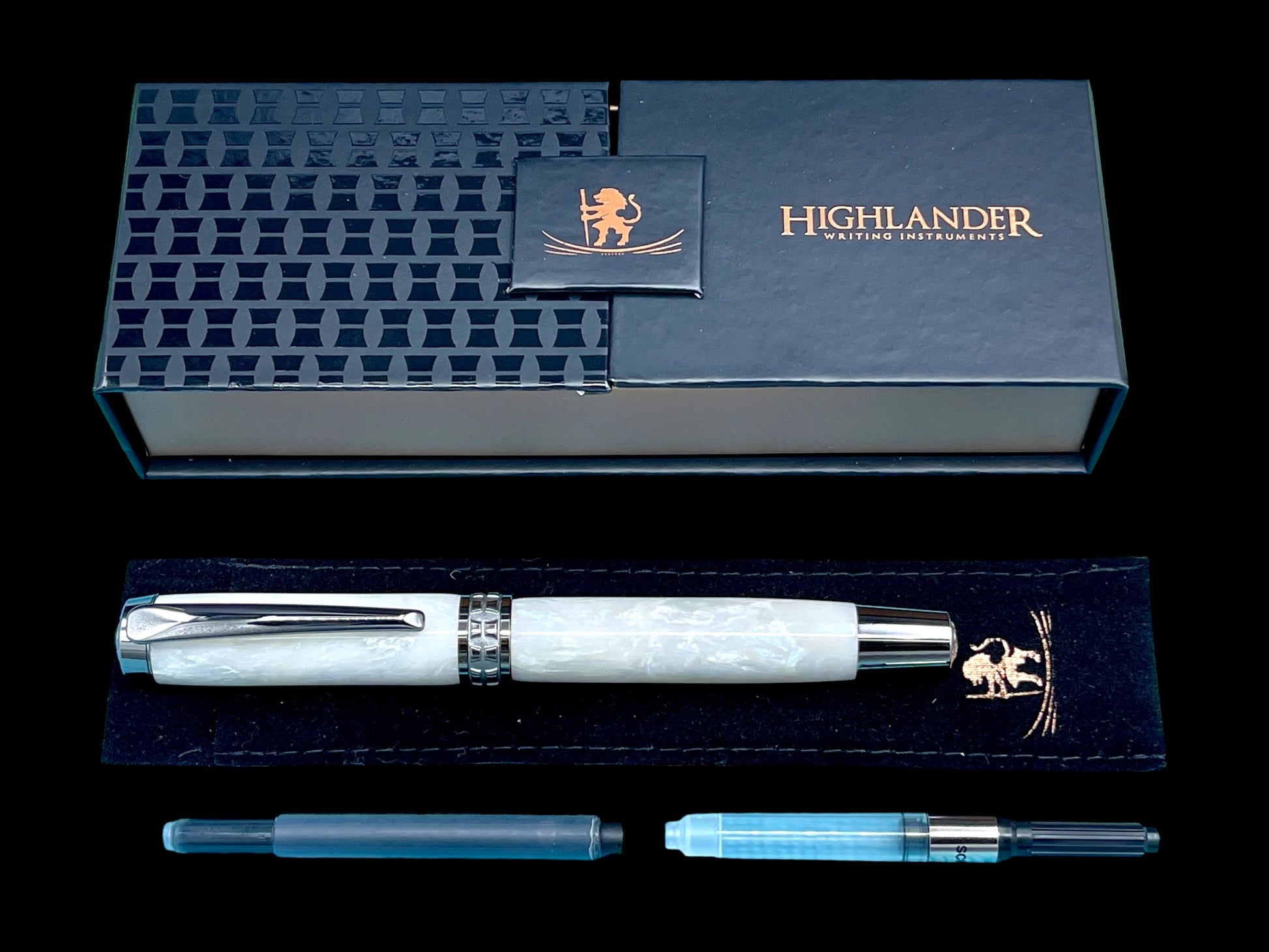 Elegant “Pearly Opal” Black Titanium Acrylic Fountain Pen, Artisan Handcrafted Writing Instrument. Converter, Ink, Sleeve & Box Included. - HighlanderPen