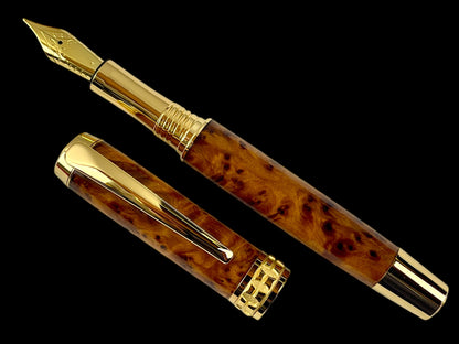 Exotic Thuya Burl Wood Handcrafted Luxury Gold Fountain Pen, Handmade in Colorado. Ink, Converter, Sleeve, & Box Included. By Highlander Pen [ML-FP-1113-01]