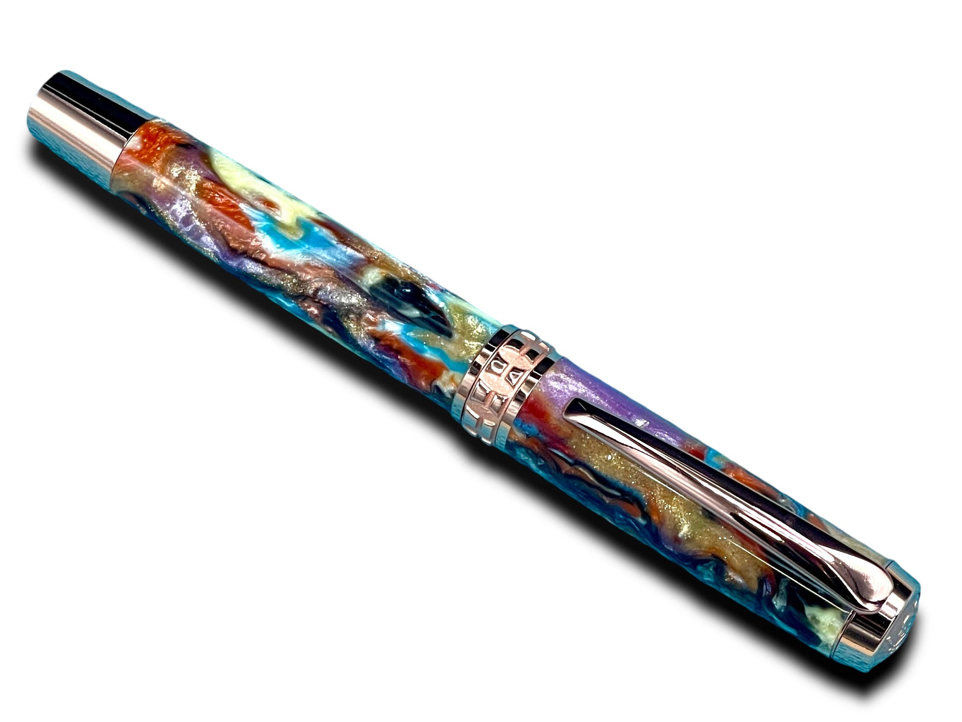 Elegant “Color Splash Acrylic” Rose Gold Fountain Pen, One of a Kind, Handmade in Colorado. Ink, Converter, Pen Sleeve & Box Included. - HighlanderPen